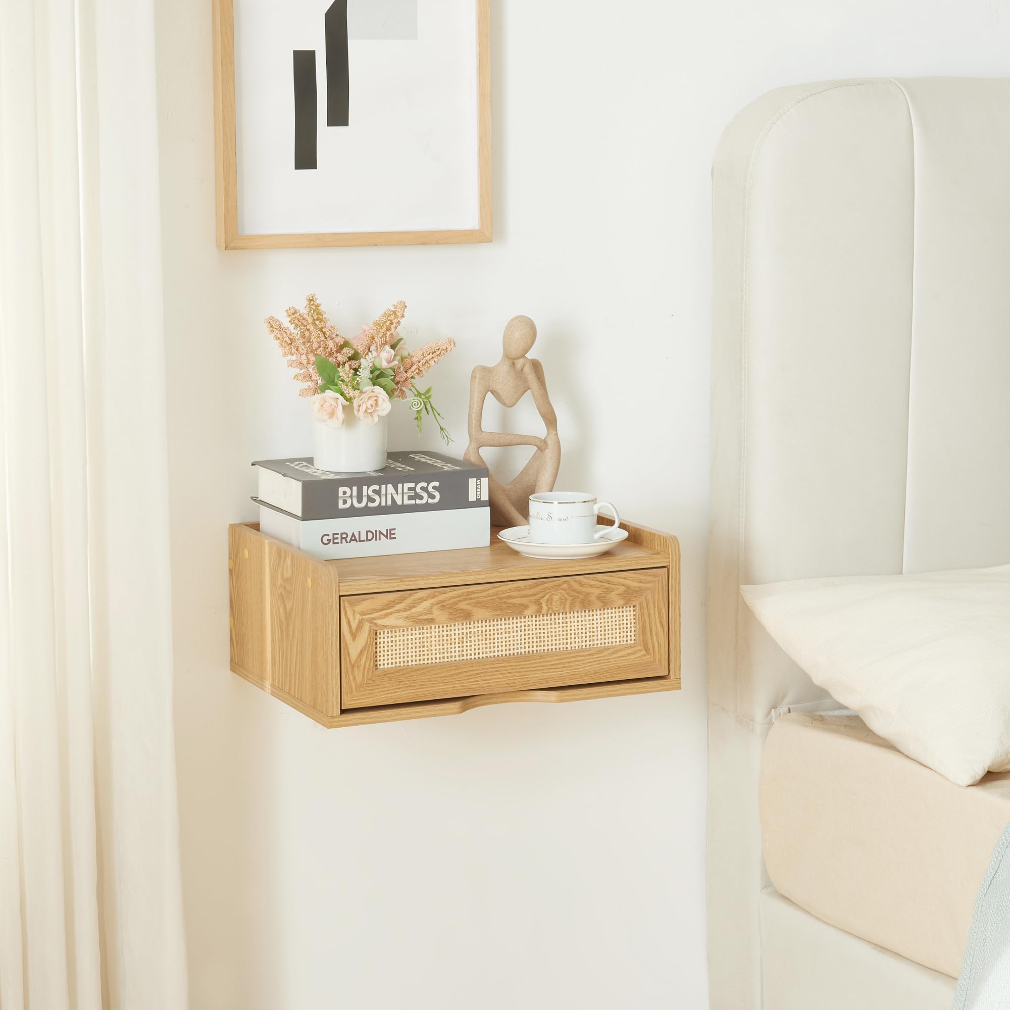 en.casa] Wandrek Eiker zwevende plank met lade nachtkastje wandplank 40x32x23 cm zwart en rotan look