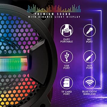 Top Tech Rock-8 Fully Amplified 1500W Portable Bluetooth Speaker, 8-Inch Woofer, LED Lights, 5-Hr Rechargeable Battery, USB, TF Card, FM Radio, AUX Inputs, Wired Microphone for Karaoke, Black
