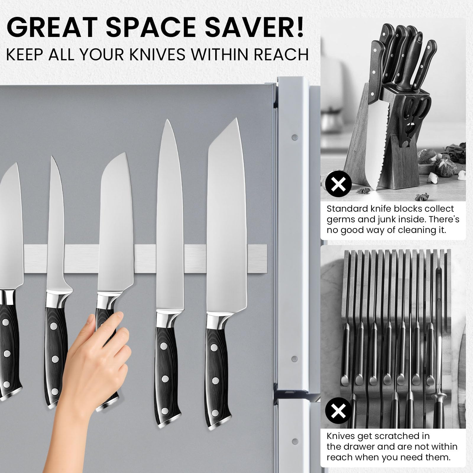 THMINS Magnetleiste Messer, 40 cm Magnetischer Messerhalter für die Wand, zur Messeraufbewahrung Werkzeugständer aus Metall zur Aufbewahrung von Küchenutensilien (Silber)