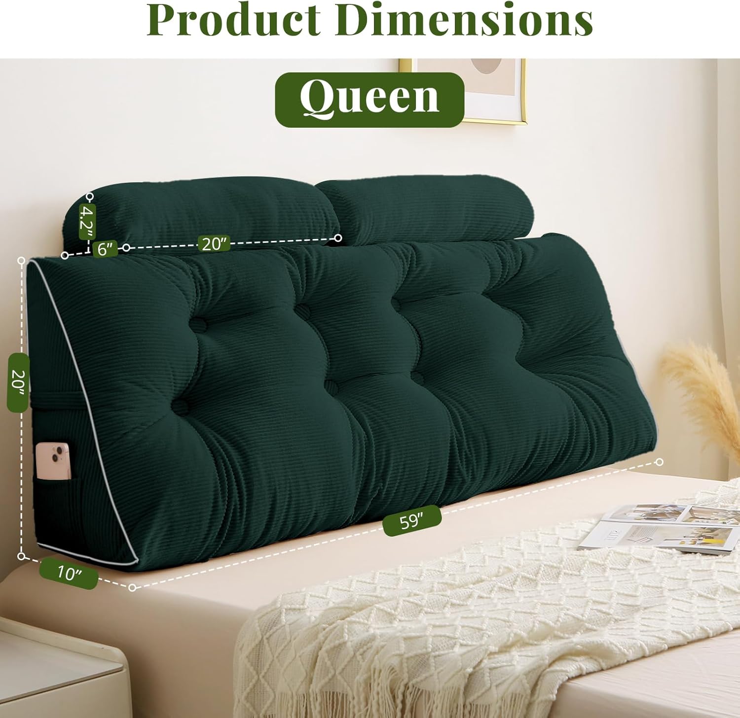 Sasttie Headboard Pillow Queen, Wedge Pillow Headboard for Bed Sitting Up, Back Support Pillows for Reading, Sitting or Working with Detachable 2 Pack Neck Bloster Pillows, Dark Green