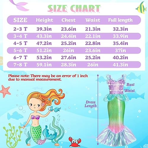 Miniatura 6 de PUNKSUIT Disfraz de Sirenita para niñas, disfraz de princesa sirena Ariel con accesorios