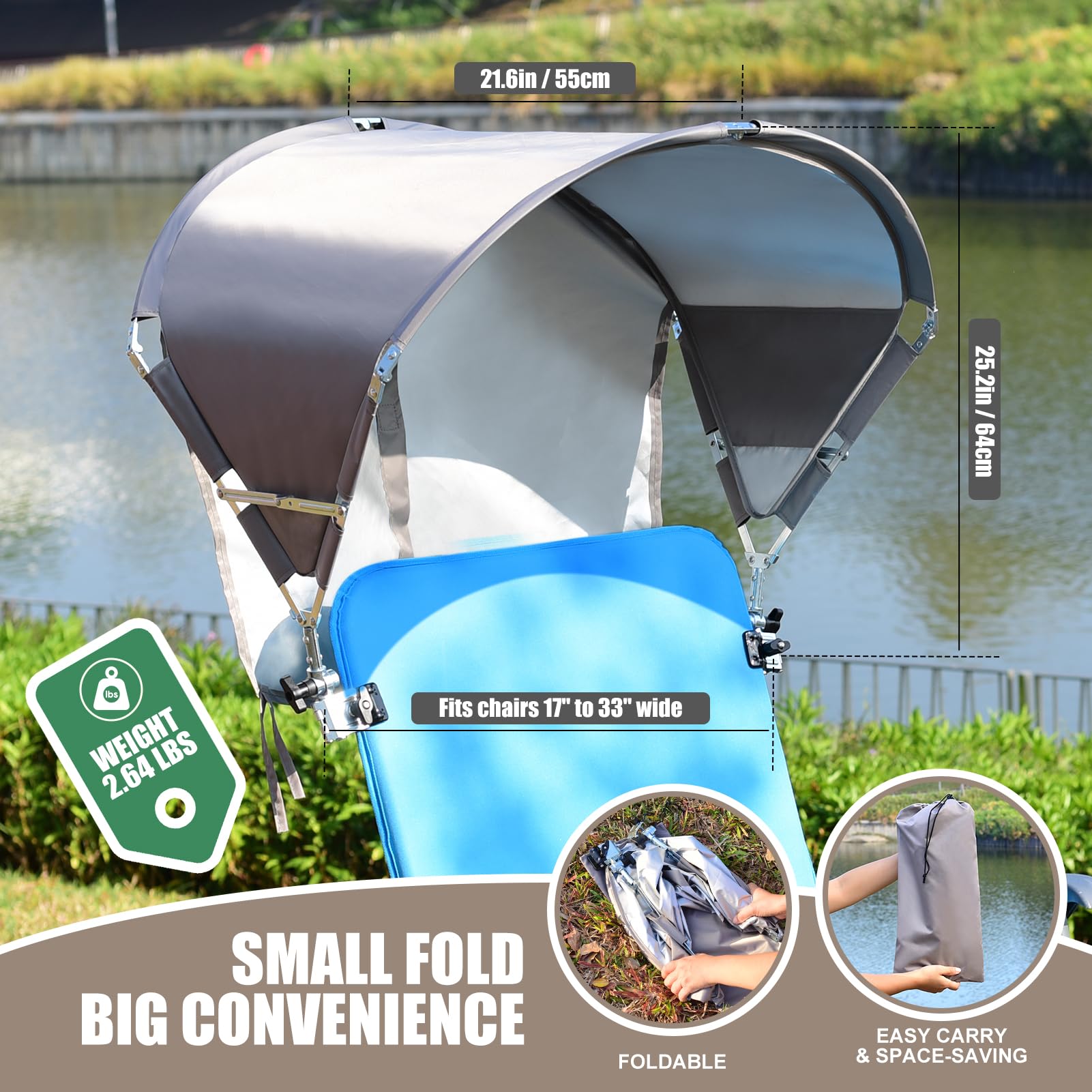 Universal Wind-Resistant Chair Umbrella Canopy, Foldable Portable UPF 50+ Sun Shade Attachment with Adjustable Clamp, Fits Most Beach, Camping, Lawn, Sports, Tanning, Zero Gravity Chairs & Wheelchairs — view 2