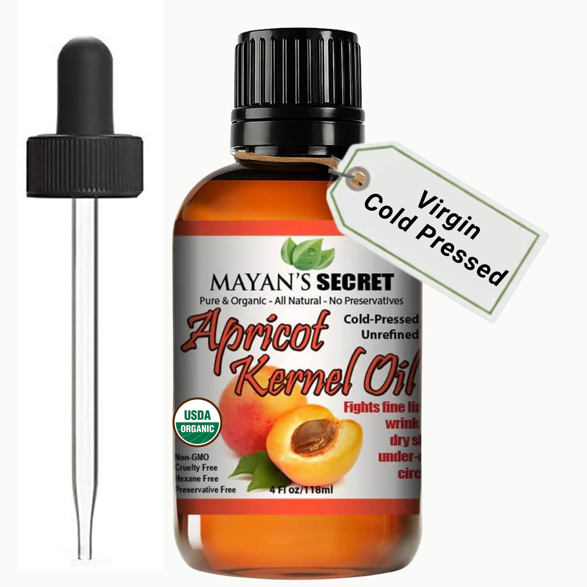Mayan’s Secret Organic Apricot Kernel Oil – Cold Pressed & Unrefined Moisturizing for Skin, Face, and Hair – Pure Organic Apricot Seed Oil in Amber Glass Bottle with Dropper, 4 oz. - USDA CertifiedUSDA Organic
