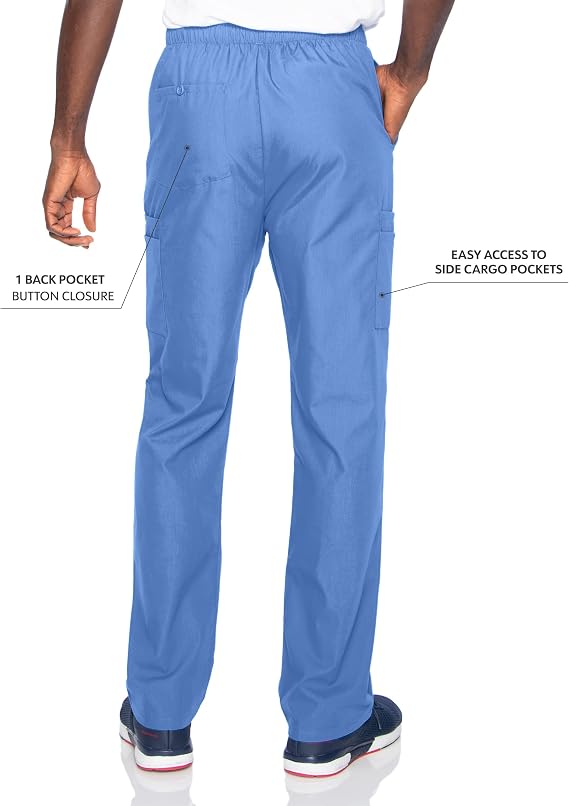 Landau Essentials Mens Relaxed Fit 7-Pocket Straight-Leg Cargo Scrub Pants Classic with Internal Drawstring and Zip Fly 8555