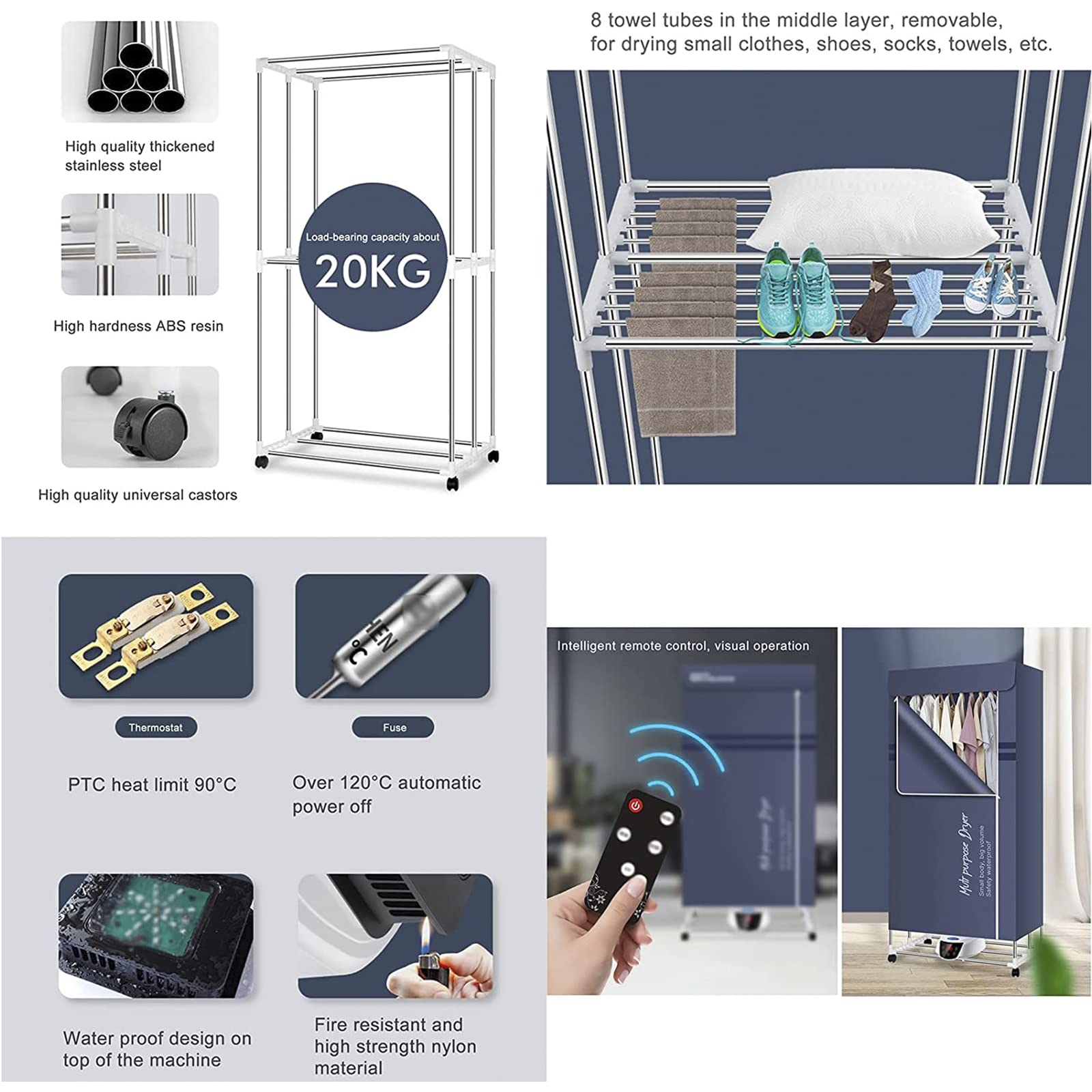 Asciugabiancheria Elettrica con Timer e Telecomando, Stendi Biancheria Elettrico Armadio 1300W a 3 Livelli con Coperchio, Stendibiancheria Elettrico di Grande capacità per Interni,Grigio
