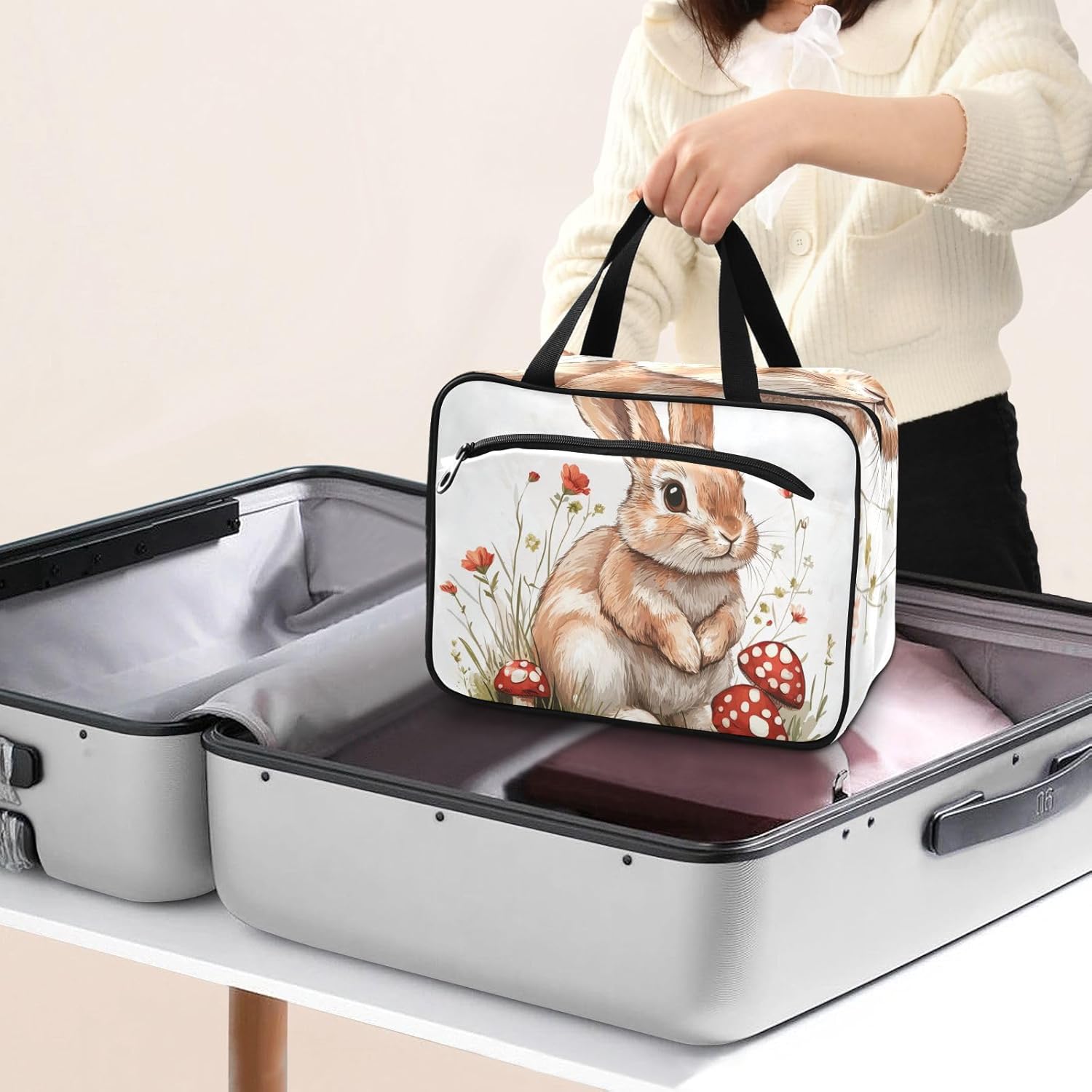 Funny Dwarf Rabbit White hanging toiletry kit for men with hook, designer expandable make up bag for travel accessories camping porta cosmeticos mujer para cartera L