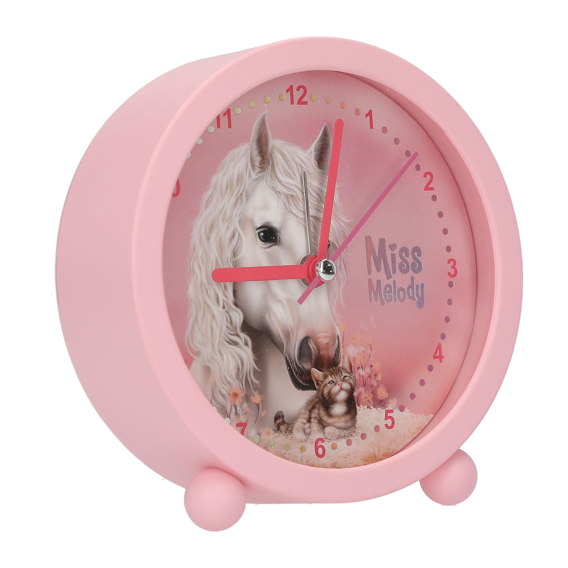 Depesche 14088 Miss Melody - Sveglia Rosa per Bambini con Motivo a Cavalli e Gattini, Orologio Silenzioso con Funzione Luce