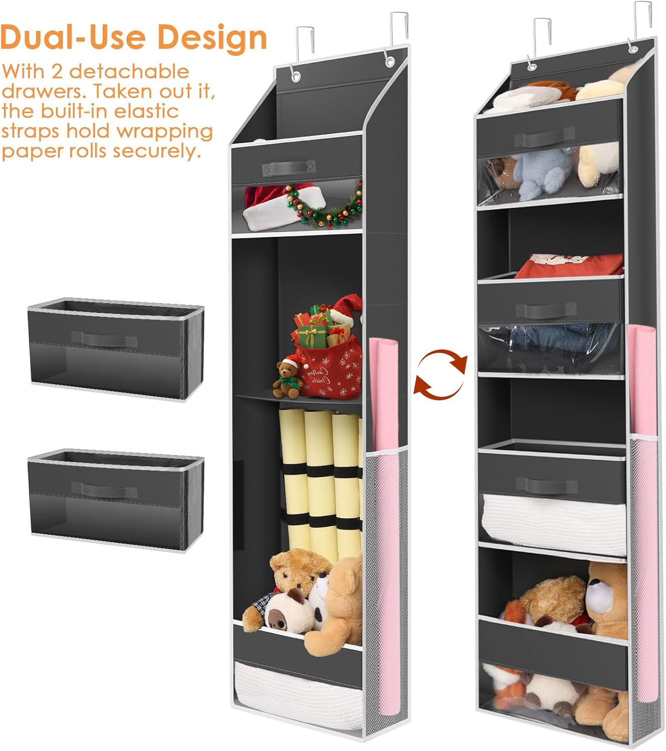 2PCS Over Door Wrapping Paper Organizer Storage with 2 Removable Drawers & Side Pockets – Dual Use Design with Elastic Straps, Christmas Gift Wrap Hanging Roll Holder for Ribbons, Bows, Ornament Tools
