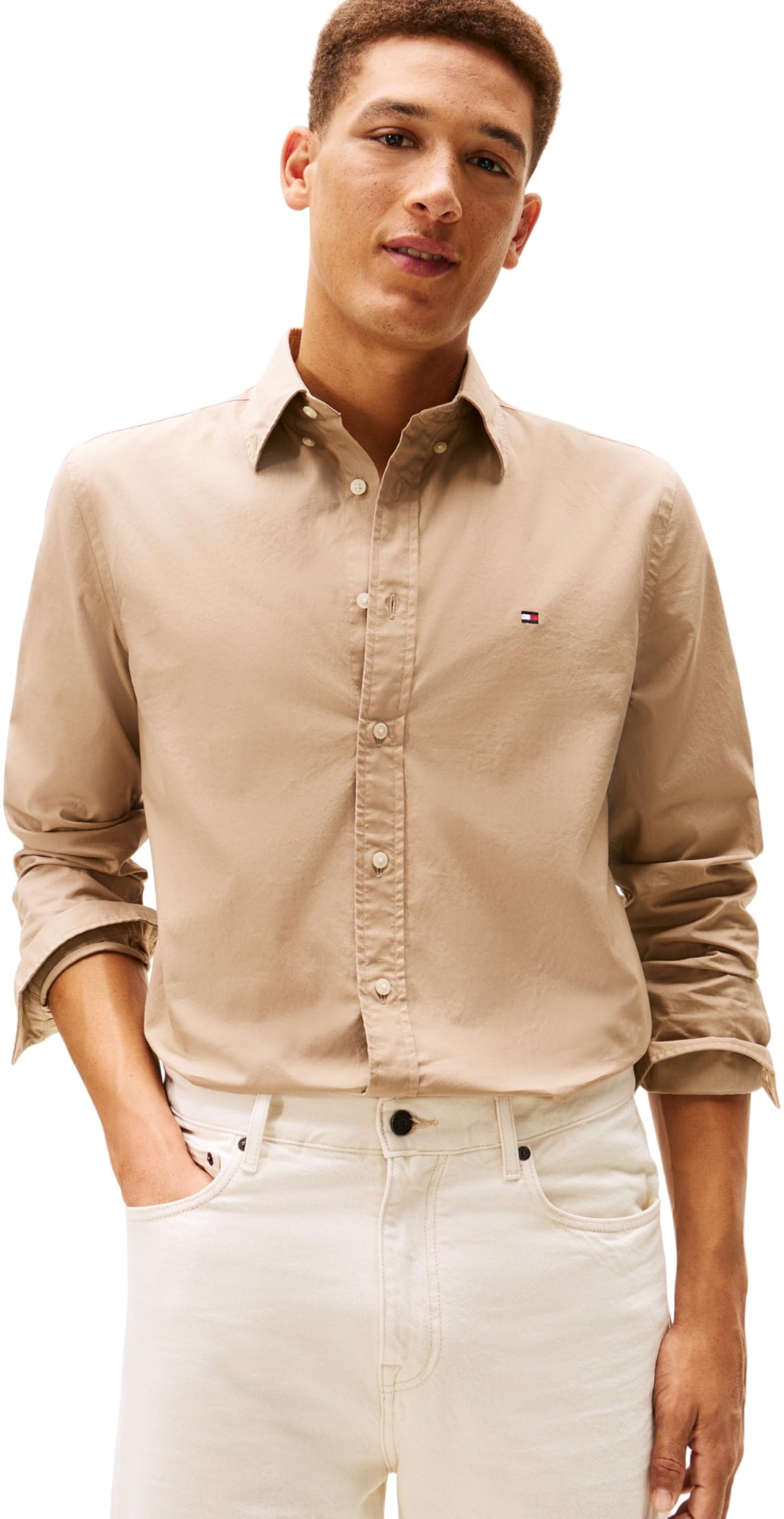 Tommy Hilfiger Men Flex POPLIN Solid RF Shirt MW0MW37550 L/S Shirt, Beige, XXL