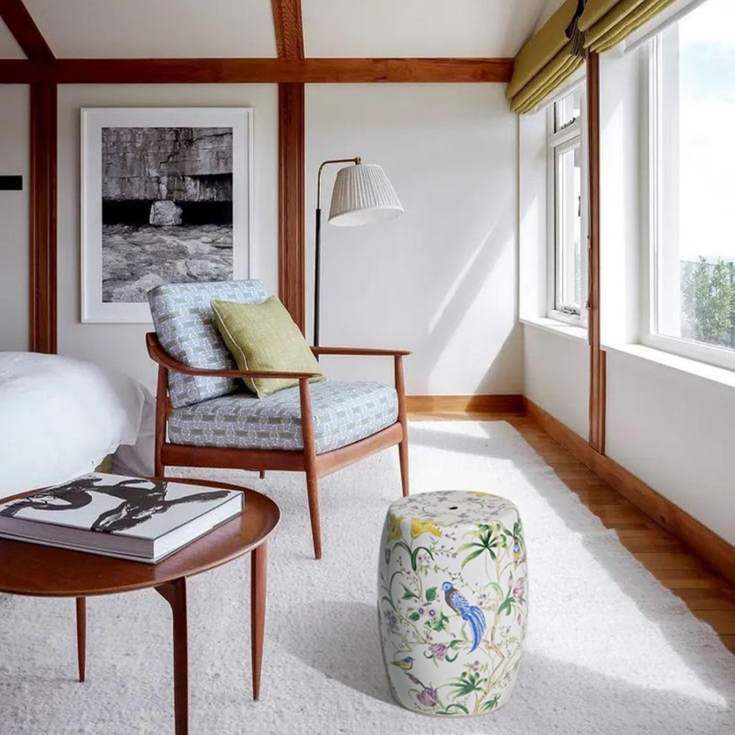 Decorative Drum Stool with Flowers & Butterflies - Glazed Ceramic Decorative Stool Bohemian Garden Seat for Patio and Living Room