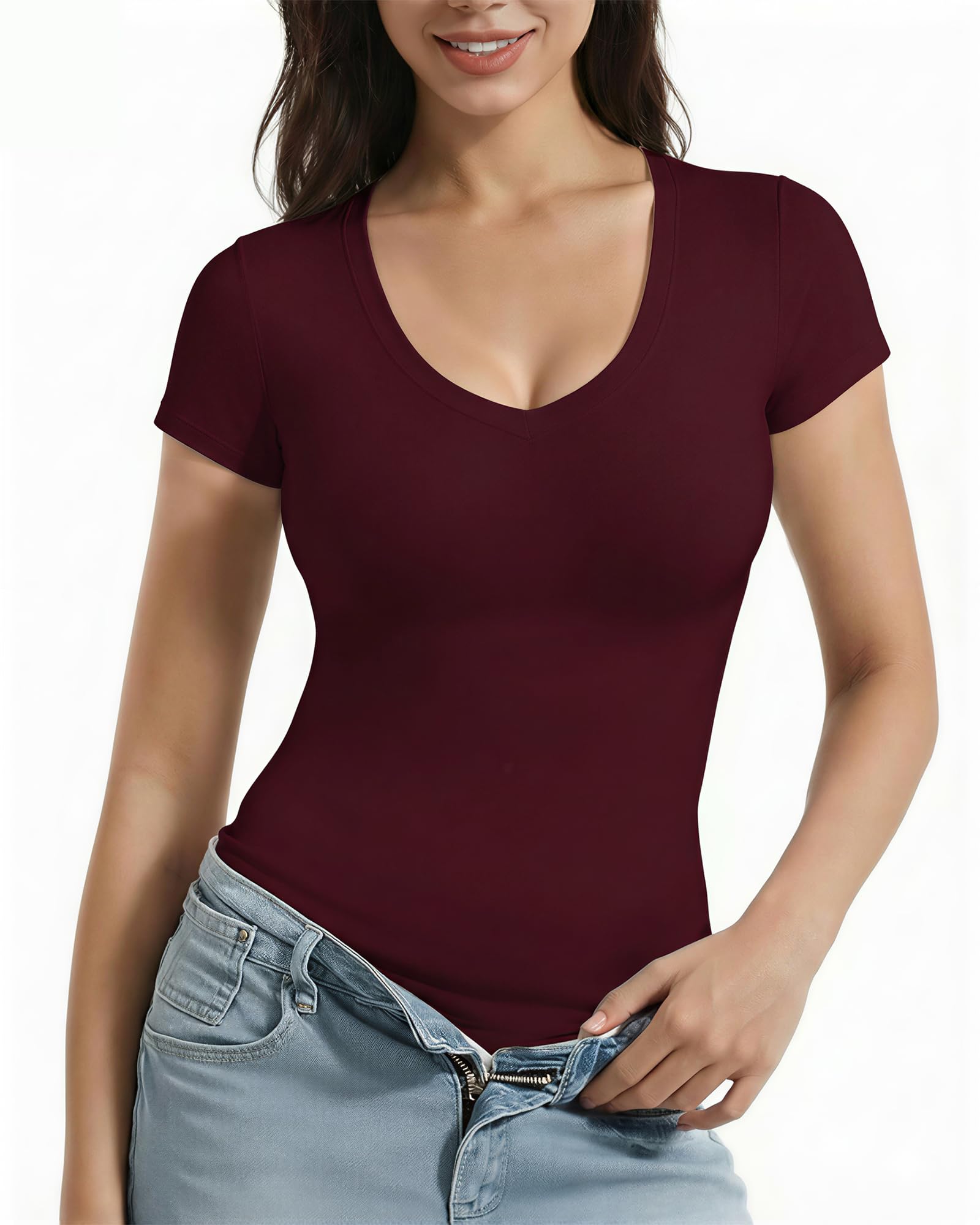 ALGALAROUND Damen T-Shirt Kurzarm mit V-Ausschnitt Basic Sexy Y2K Oberteile Top Short Sleeve Shirts for Ladies 2025 Sommer Outfit
