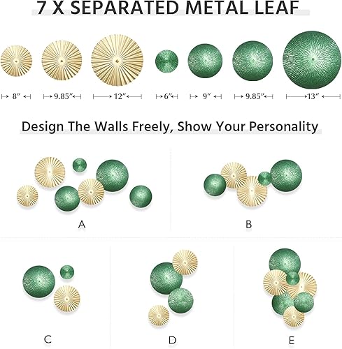 Vista 6 de TEIPAI Decoración de pared verde esmeralda y dorada para sala de estar, 7 piezas de arte de pared de metal moderno, esculturas colgantes