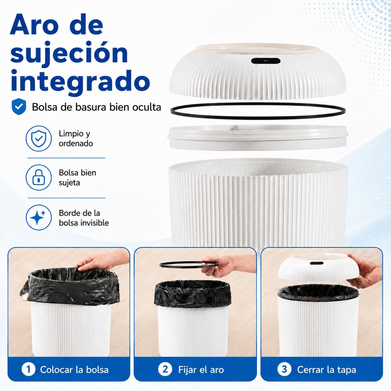 Papelera Automática 10L con Sensor para Baño, Blanca - Cubo Basura Inteligente con Diseño Redondo Elegante, Patas de Madera y Apertura Sin Contacto para Salón, Dormitorio u Oficina (10L)