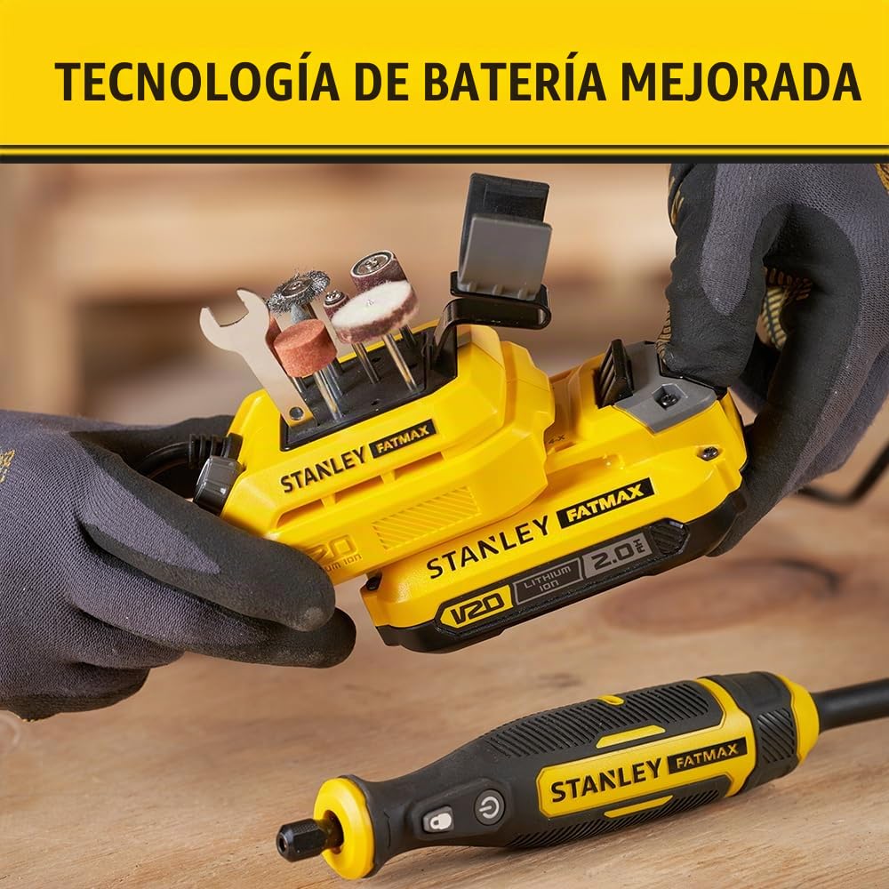 Stanley Mini-herramienta V20 Li-ION 18V, velocidad Variable 6.700-34.000 RPM, pinza universal de 3.2 mm, longitud cable 120 cm. Sin batería/cargador para profesionales y manitas