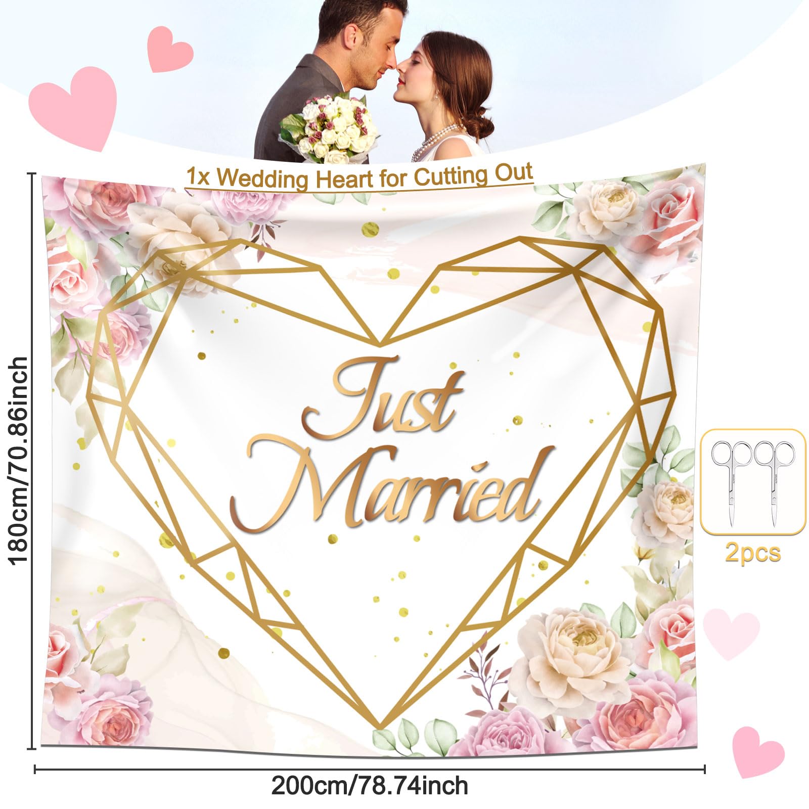 WeddingTree Telo Just Married per Il Matrimonio Cuore da Ritagliare e 2 F