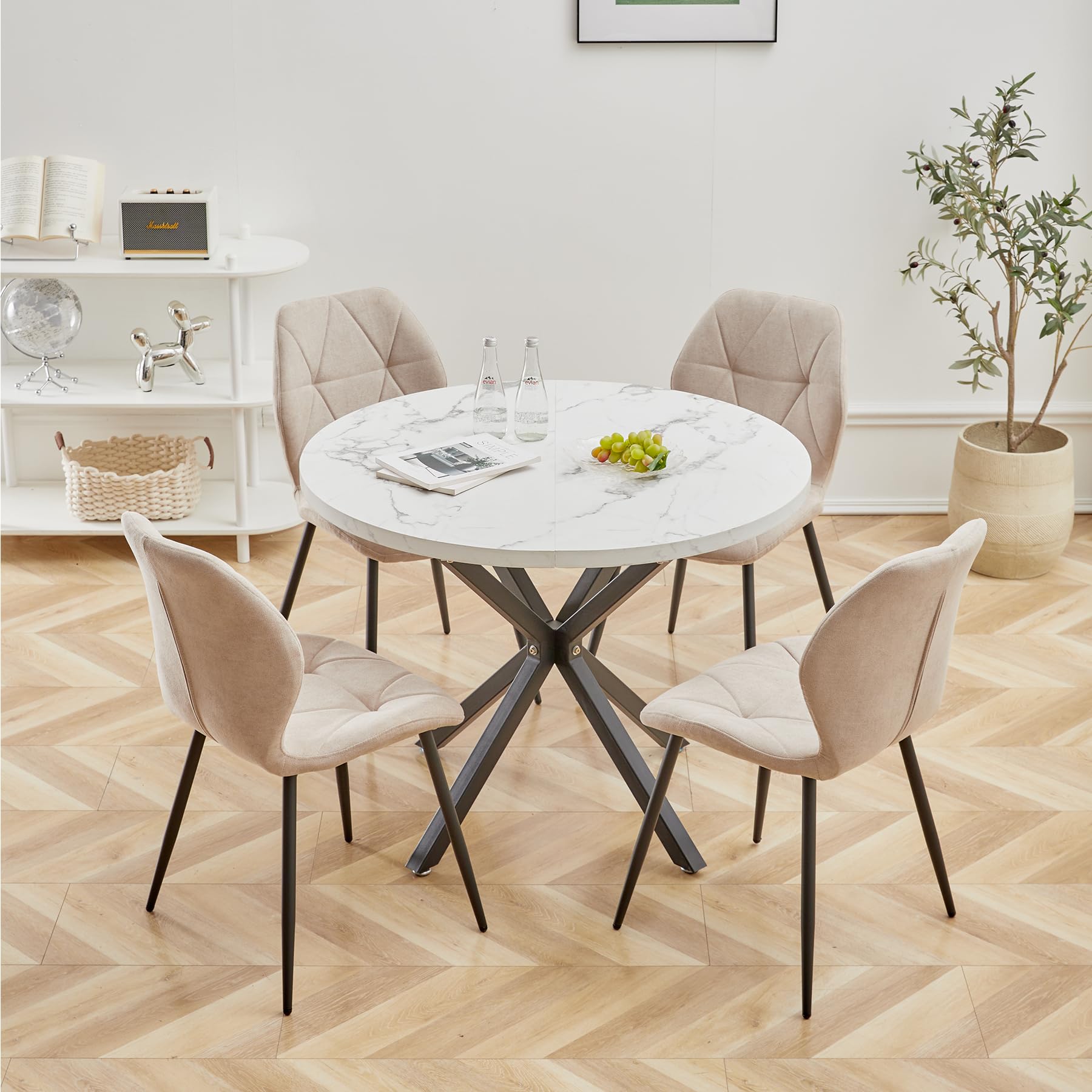 GrandCA HOME Lot de 4 Chaises de Salle à Manger, Chaises de Cuisine Nordiques, Chaises Rembourrées avec Pieds en Métal, Coussins en Tissu Losange, Beige-R