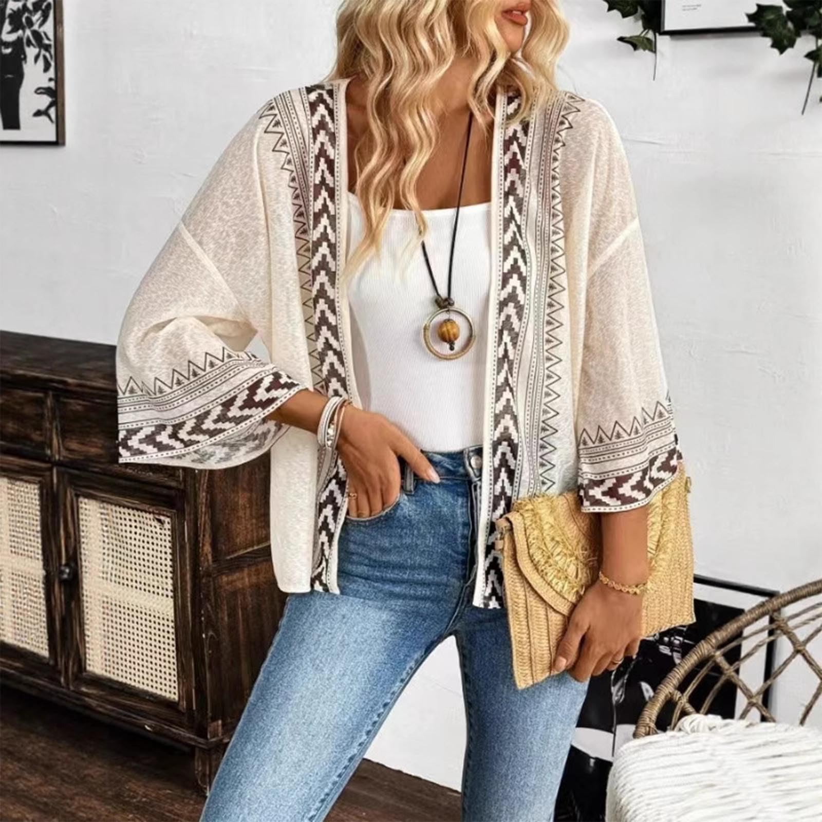 Boho Kimono Kardigan Damski Lekki Sheer Siatkowy Szyfonowy Okrycie, Geometryczny Nadruk Otwarty Przód Luźny Casual Szal Letni Top