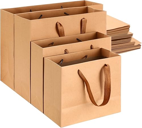 PerKoop Paquete de 40 bolsas de papel kraft marrón con mango de estraza de 4 tamaños, bolsas de papel kraft con asas de tela, bolsas de envoltura de