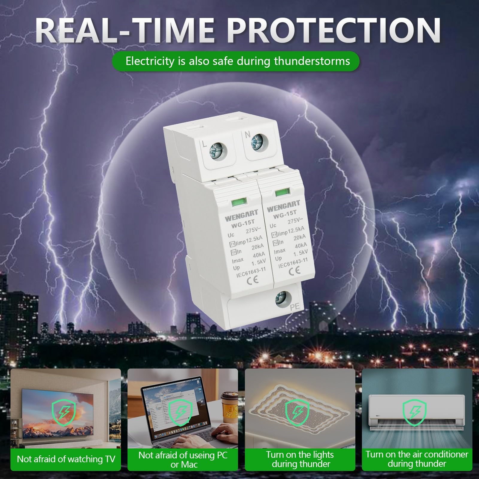 Wengart Dispositivo de protección contra sobretensiones WG-15T, protección de nivel T1+T2, limp12.5kA 20-40kA AC275V, protector de sobretensiones para el hogar, montaje en riel DIN (2P)