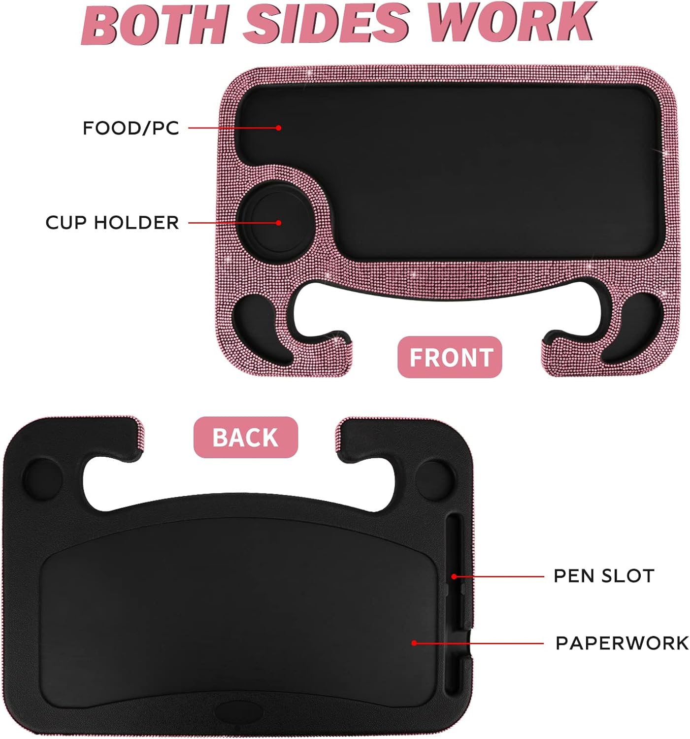 eing Car Eating/Laptop Steering Wheel Desk,Bling Crystal Steering Wheel Tray(16.6"x11.1"(2 in 1)) - Pink