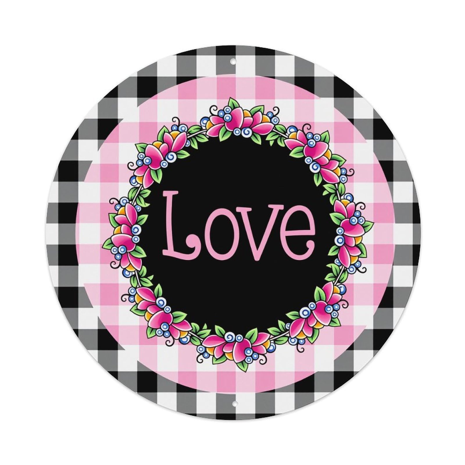 Floral Wreath Love Pink Checkered Round Tin Sign Vintage Metal Poster Retro Bar, Home, Man Cave, Kitchen, Laundry Room Wall Art Decor Gift 8x8Inch