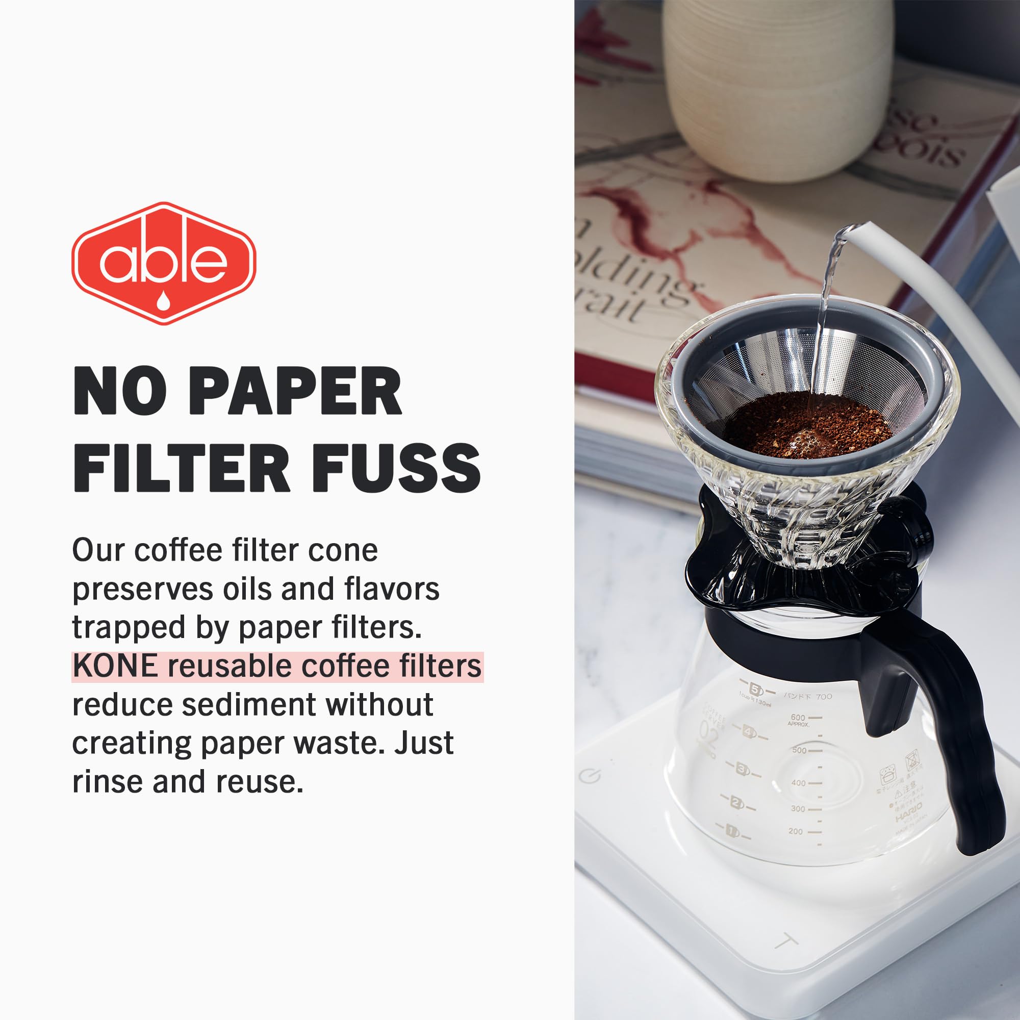 Able KONE MINI - Filtro de café reutilizable de acero inoxidable para Hario V60 02