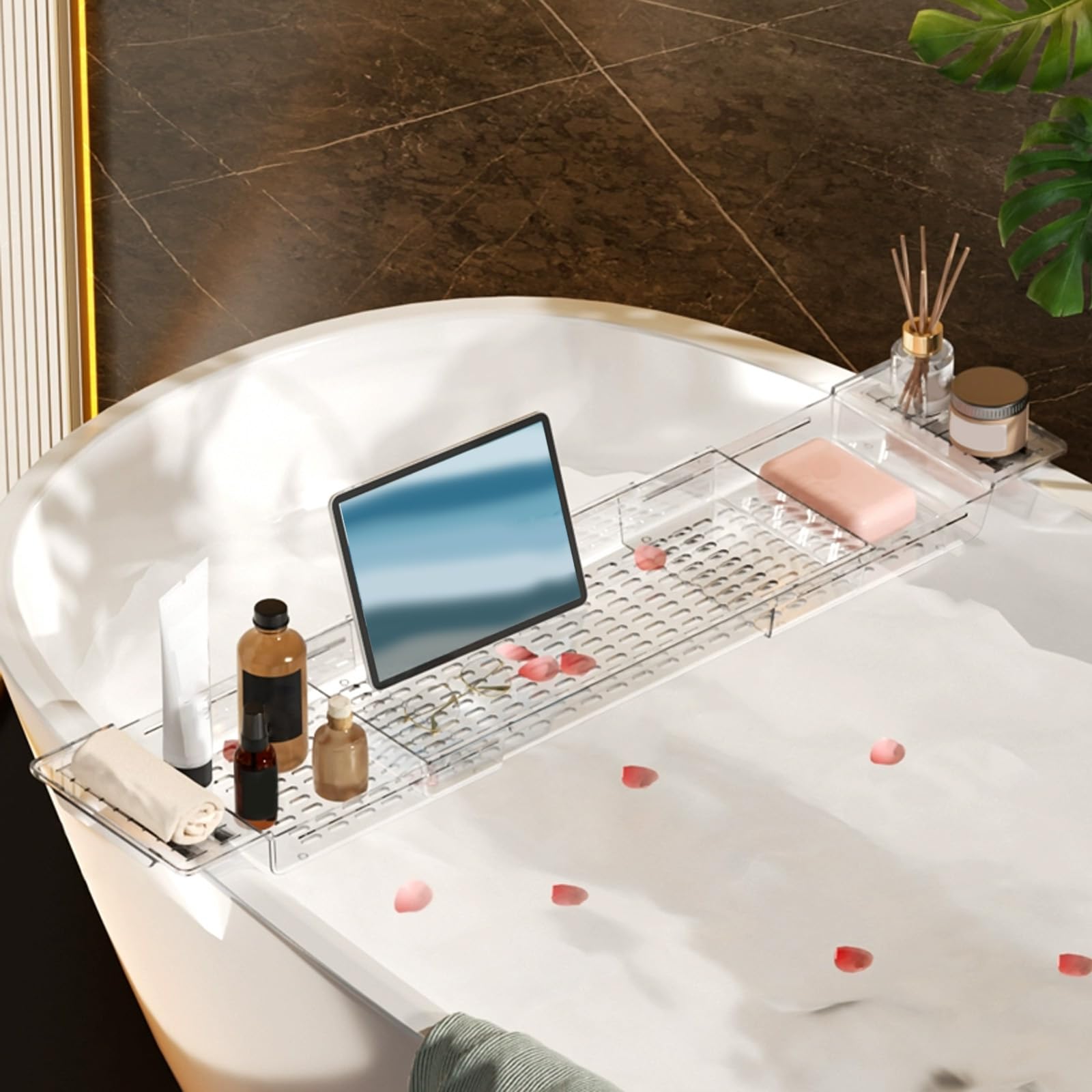 JKJZSALJ Adjustable Bathtub Caddy Tray - Expandable Transparent Bath For Wine Books Soap - Fits Most Tubs 22.2-31.5In - Ideal Bath Accessory For Relaxation,Clear-22.2~31.5in
