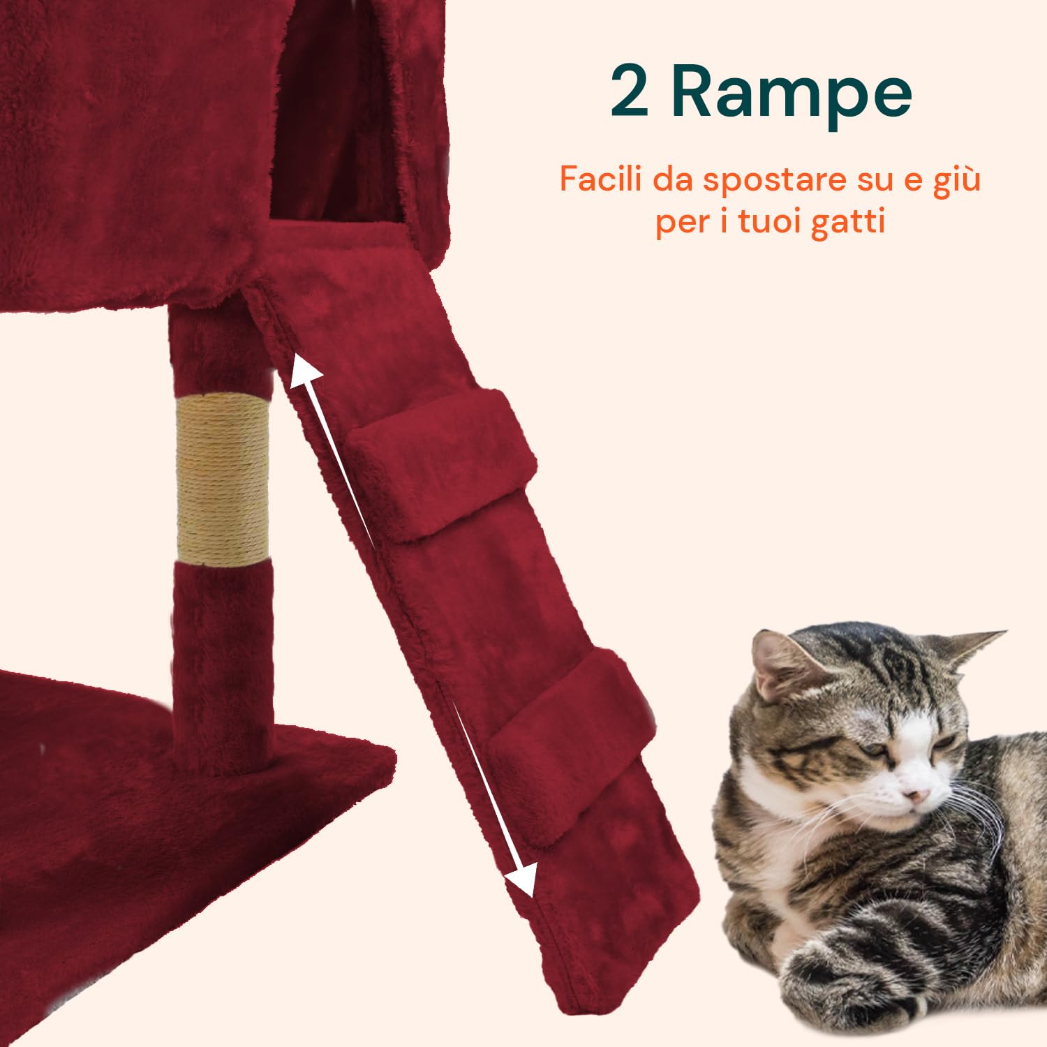 Tiragraffi XXL 170cm con Doppia Cuccia per Gatti Adulti, Albero Giochi in Sisal e Peluche, Piatteforme Relax, Ampio e Sicuro per il Massimo Divertimento dei Gatti Bordeaux