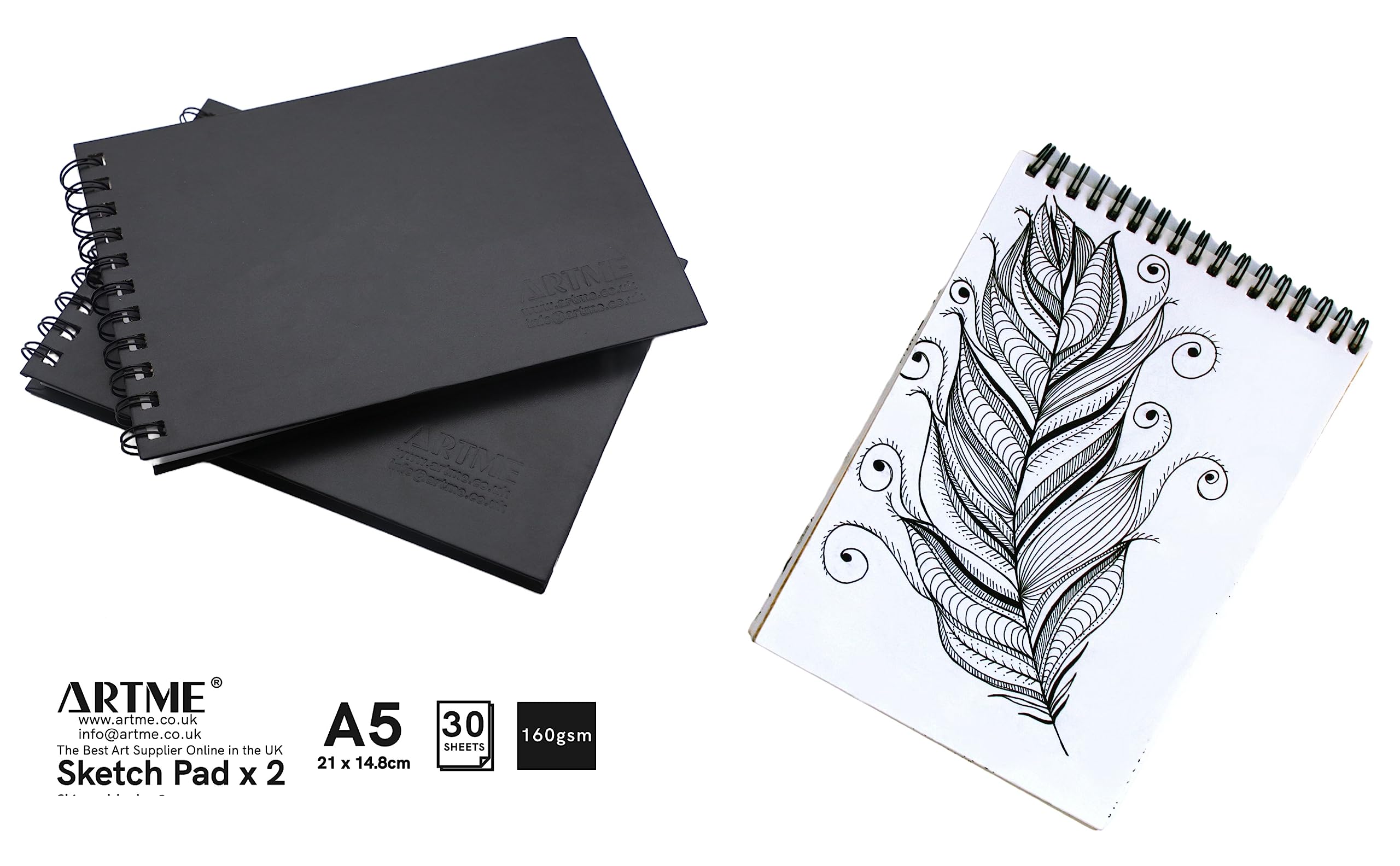 Artme Bloc de bocetos A5, 2 piezas, 30 hojas (160 g/m²), cuaderno de bocetos encuadernado en espiral