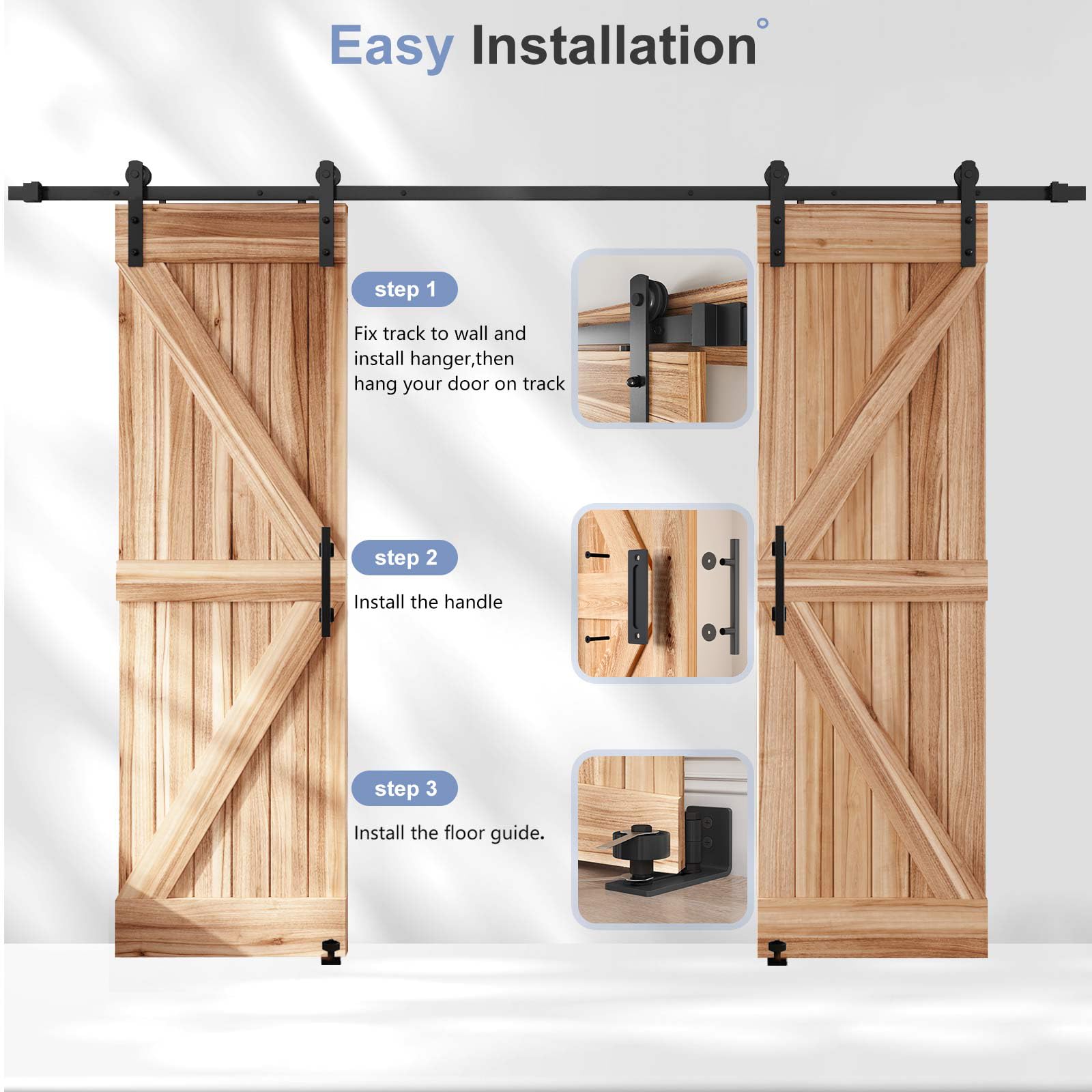 EaseLife 12 FT Double Sliding Barn Door Track and Handle Hardware Kit,Straight Pulley,Slide Smoothly Quietly,Easy Install (12FT Track Kit for 33"~36" Wide Double Door) — Amazon image 3