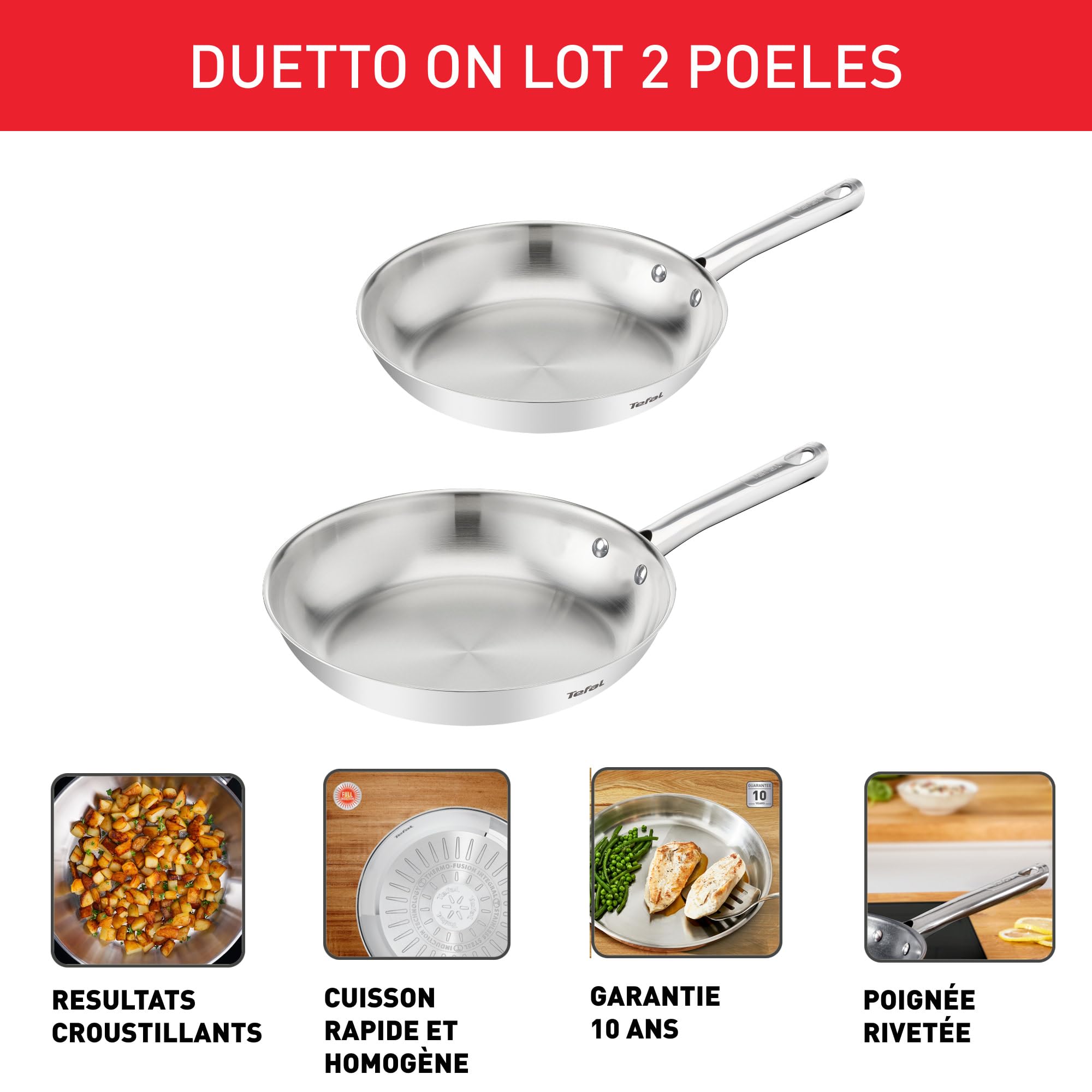 Tefal Duetto On, Batterie de 2poêles 24/28cm, Inox de qualité supérieure, Garantie de 10ans, Résultats croustillants, B866S234