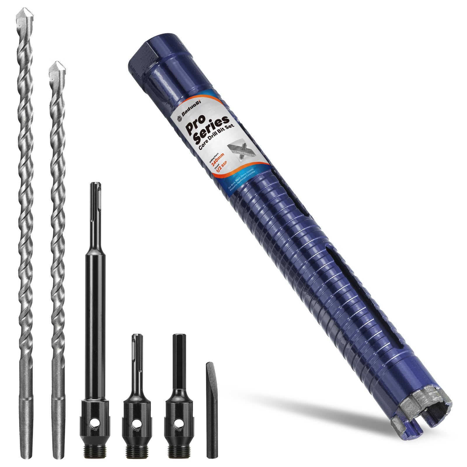 Pro32x240mm Carotteuse Set,comprend 3adaptateurs(240mm&SDS Plus standard,Hex),2forets centraux extra longs–Pour trous profonds dans le béton,la brique,le bloc,la pierre–Filetage1/2" BSP