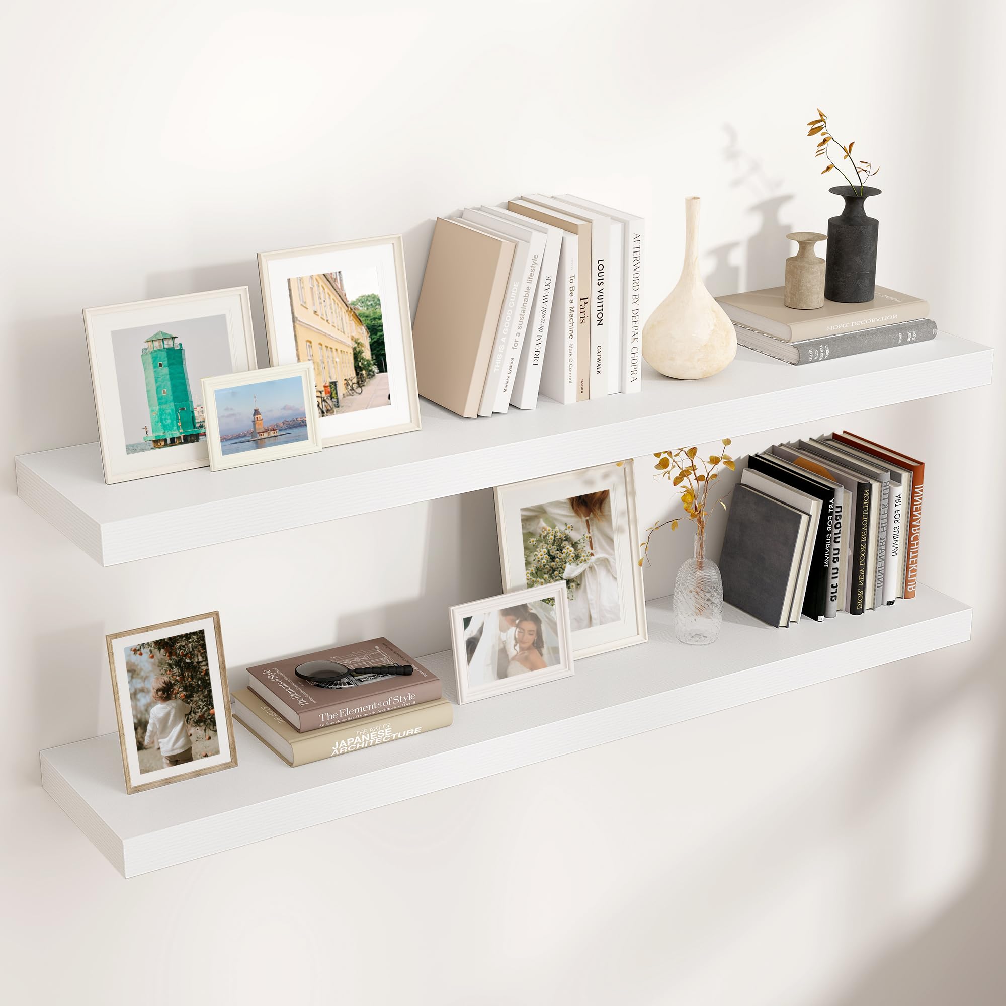 Photo 1 of Venusmiles Floating Shelves for Wall, Engineered Wood Wall Shelves with Invisible Brackets for Living Room Bedroom Bathroom Office Kitchen Decor and Storage (Black, 48" W x 9" D x 1.5" H) Set of 2 BLACK