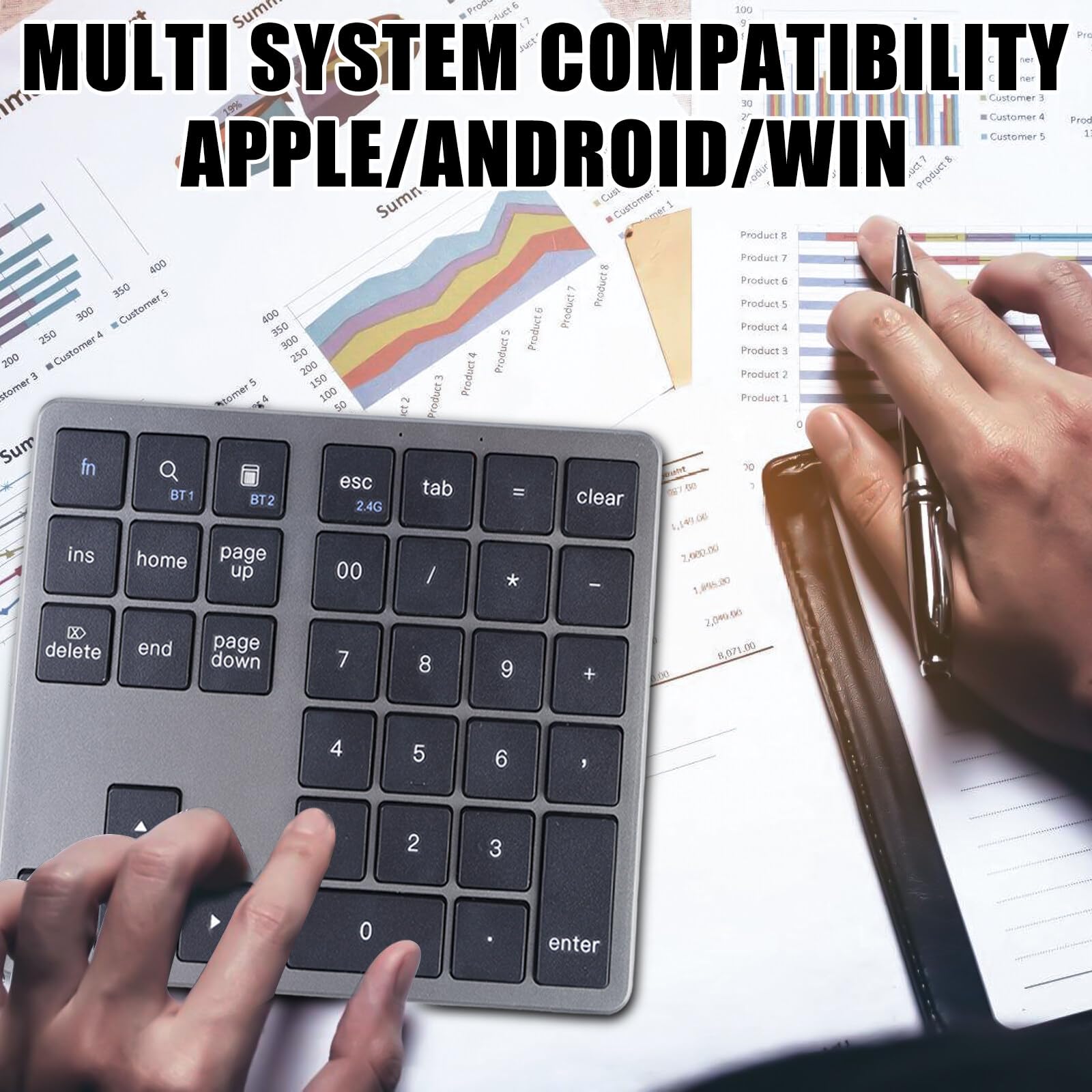 BAIFULAI Tastierino numerico wireless a 35 tasti, tastierino numerico portatile, mini tastierino numerico ricaricabile, senza fili, con USB-C, per la contabilità finanziaria laptop/desktop/notebook
