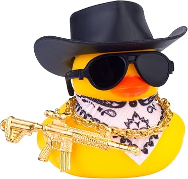 Rubber Duck Dashboard Decoration Yellow Duck Car Ornament with Cowboy Hat Necklace Sunglasses Cool Prop for Car Dashboard Decorations A-Black
