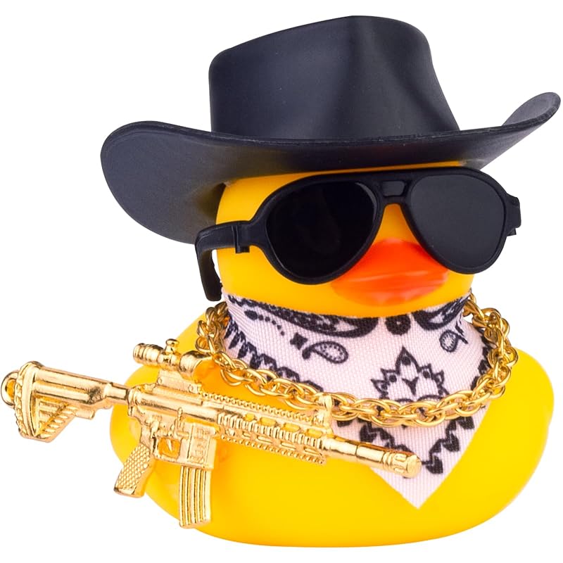 Pato de Borracha Decorativo para Painel de Carro com Chapéu de Cowboy, Óculos e Acessórios CoFuBcad CF018A (A-black)