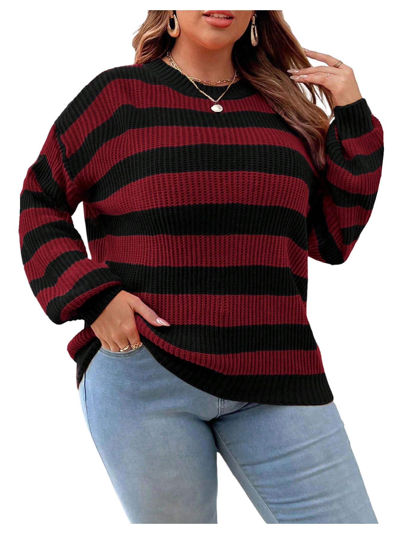 Floerns Womens Plus Size Striped Long Sleeve Fall Sweaters Cozy Knit Pullover Sweaters