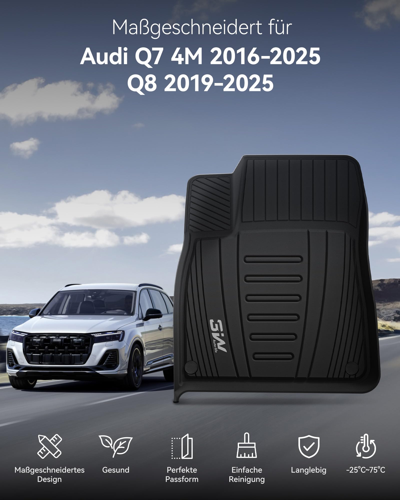 3W Fußmatten für Audi Q7 4M 2016-2026/Q8 2019-2026 | TPE Thorex™ Allwetter | 3D Maßgeschneiderte Passform | Hundefreundlich Auto Zubehör | Wasserdicht & Kratzfest | Antirutsch
