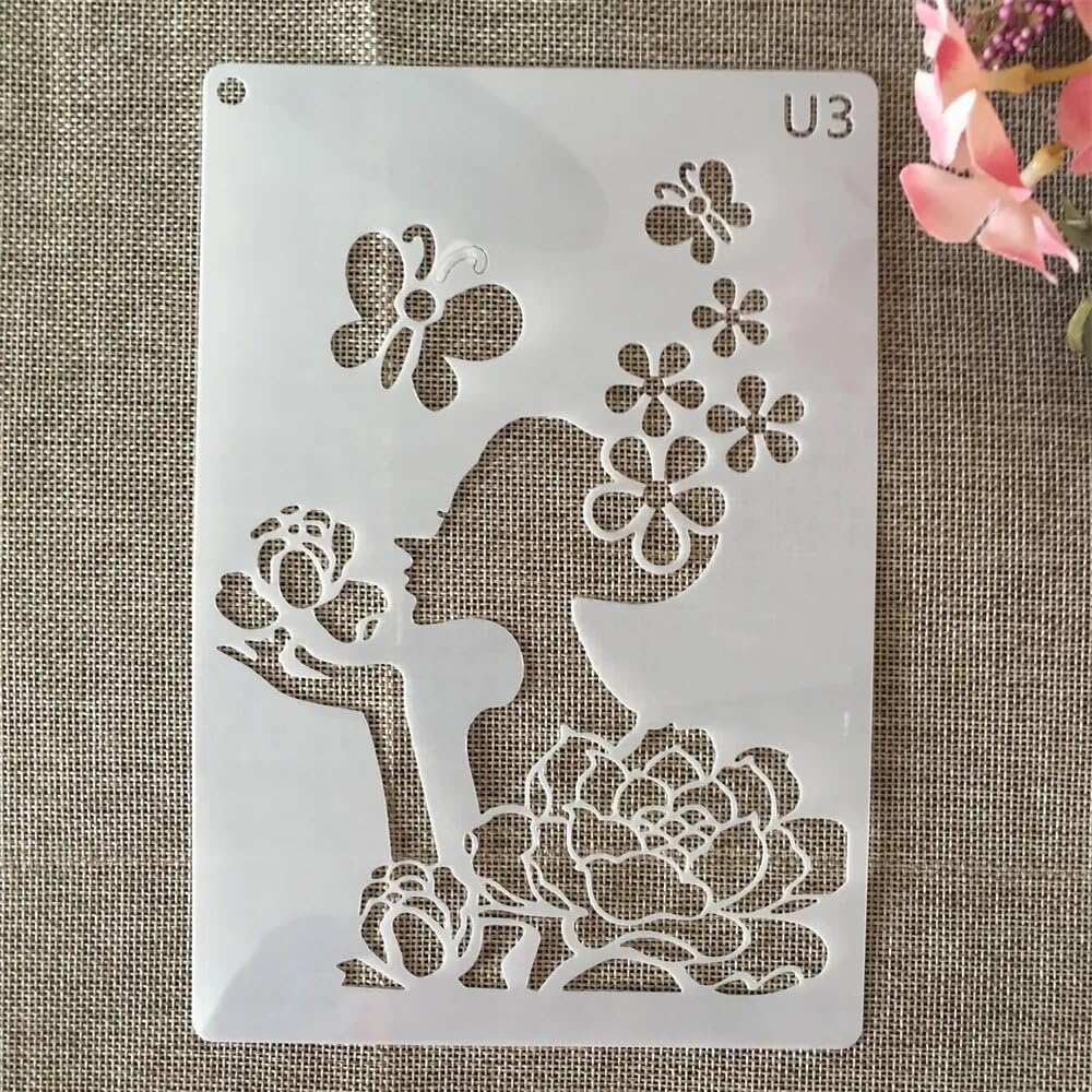 20 stencil riutilizzabili A5 21 x 14,5 cm, motivo: ragazza, gatto, uccello, ponte e farfalla, stencil per pittura su legno, portico, porta d'ingresso, parete, decorazione per la casa