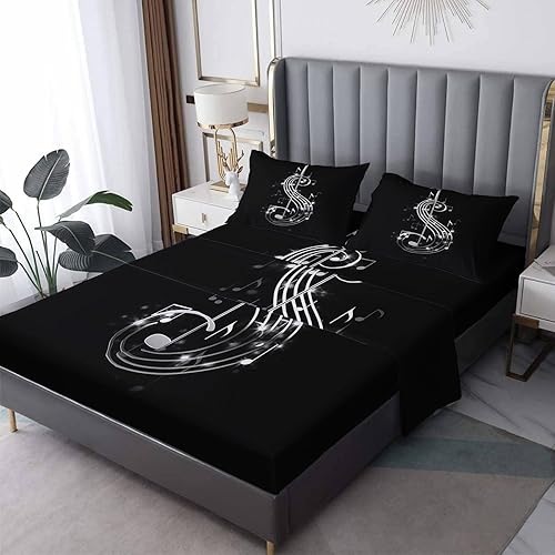Sábanas musicales tamaño Queen, sábanas de cama con notas musicales, sábanas y fundas de almohada estampadas, juego de 4 piezas, sábana bajera