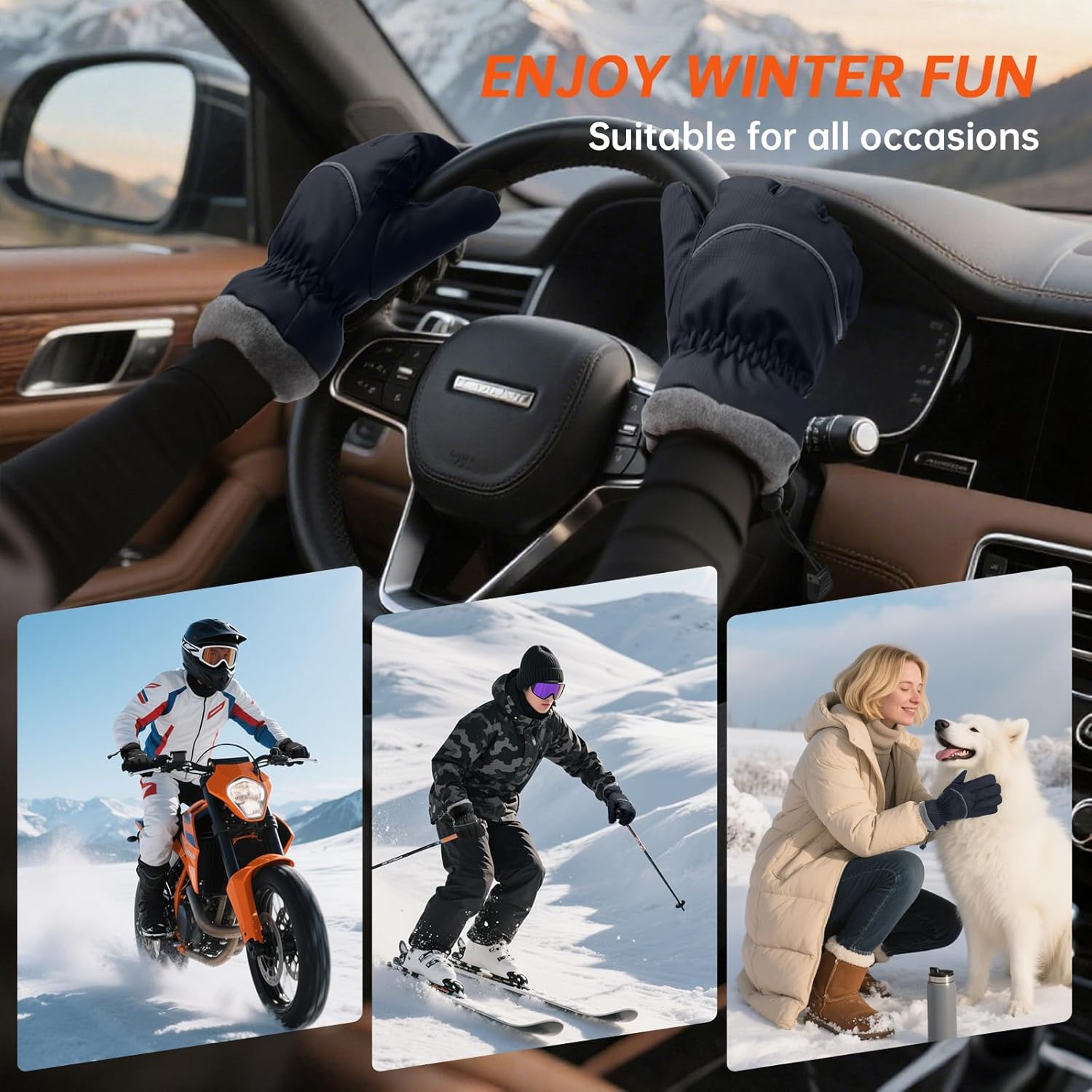 Winter Gloves for Men Women, Waterproof Windproof Anti-Slip 10 Fingers Touch Screen Gloves with Thermal Lining for Cold Weather Motorcycle Driving Cycling Skiing Snowboarding Walking - Image 7