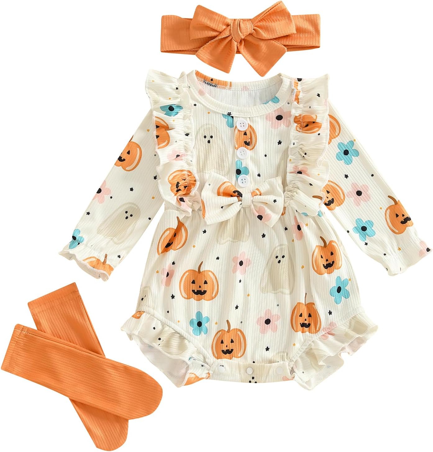 Newborn Baby Halloween Outfit Girl Pumpkin Ghost Onesie Bubble Romper Infant Long Sleeve Top Fall Winter Clothes