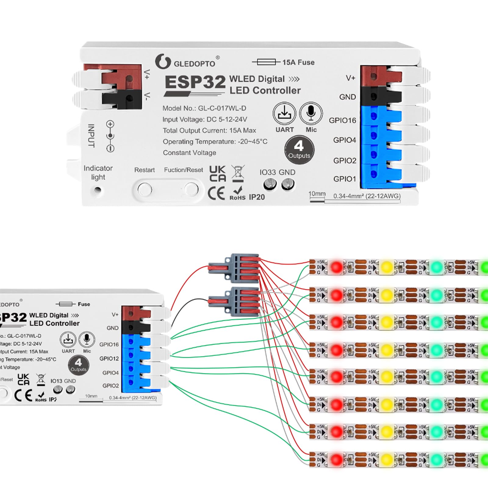Controlador LED WiFi de 4 vías ESP32 WLED - Compatible con Alexa/Google Home - para tiras LED RGB 5-24 V - Max 15A - GL-C-017WL-D (1 unidad)