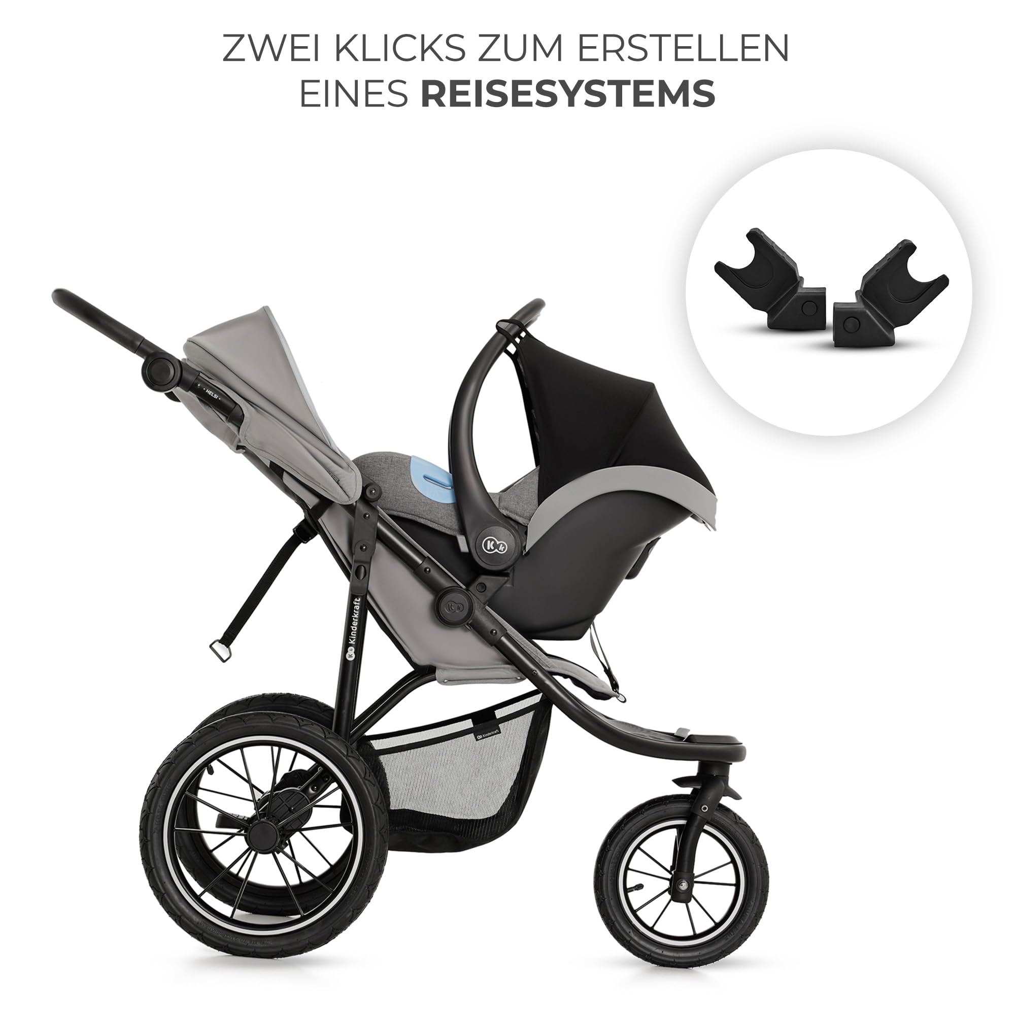 Kinderkraft HELSI 2 Buggy bis 27 kg, ab Geburt, große Luftreifen, Liegefunktion, verstellbarer Griff, zusammenklappbar, Untersitzkorb, Grau
