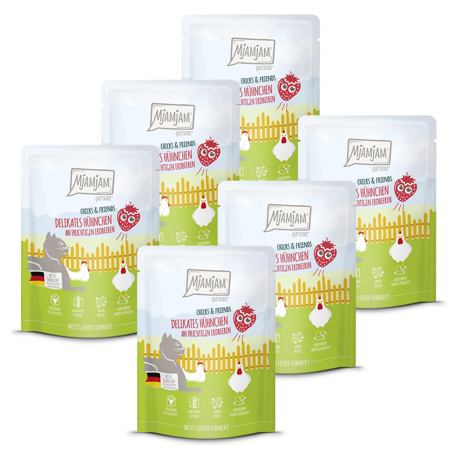 MjAMjAM - Premium wet food for cats - Quetschie - Chicks & Friends delicate chicken with fruity strawberries, 6 pack (6 x 300g), grain-free