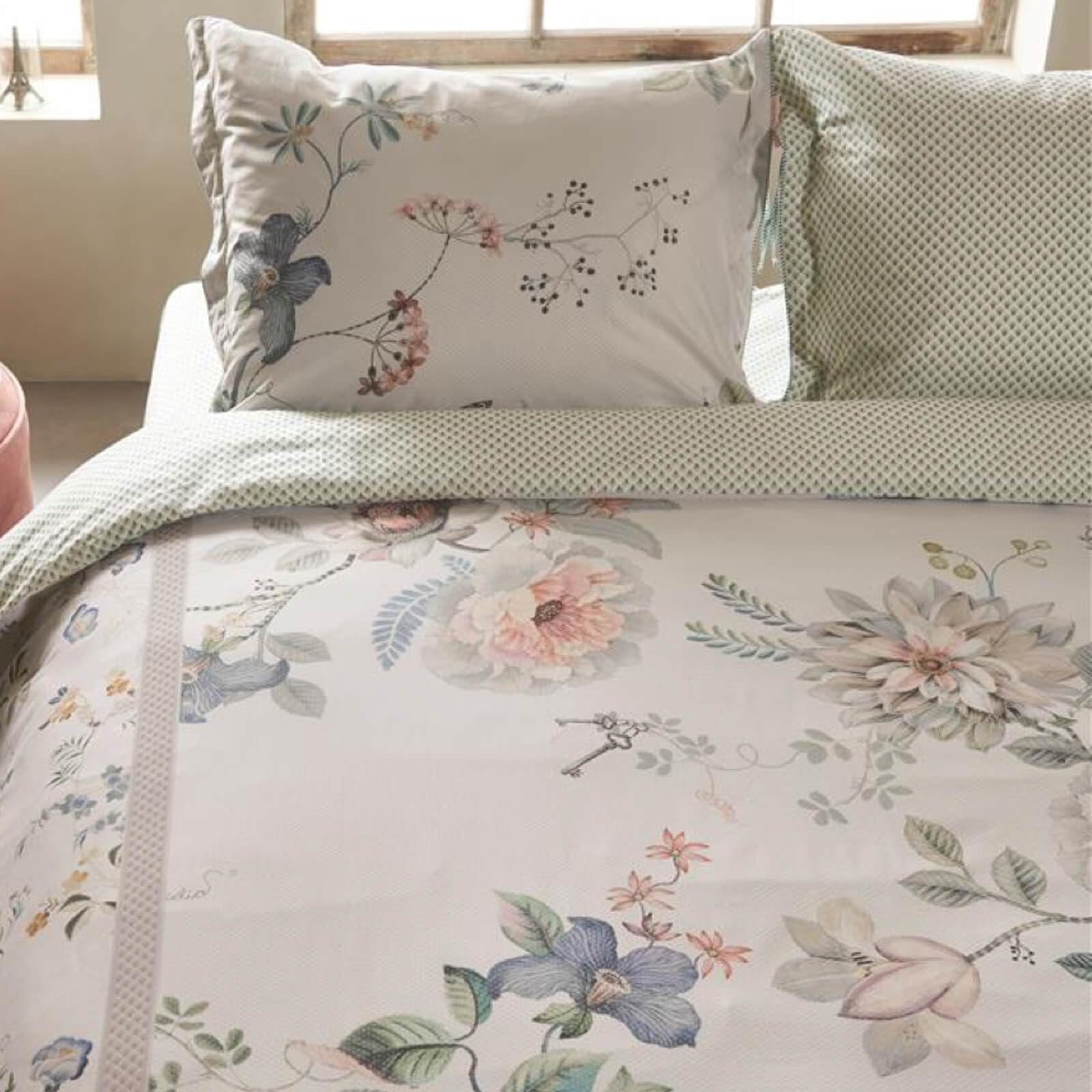 Pip Studio Bettwäsche Tokyo Bouquet White Weiß Blumen Blüten Zweige Motive Gepunktet Perkal Wendeoptik, Größe:155 cm x 220 cm