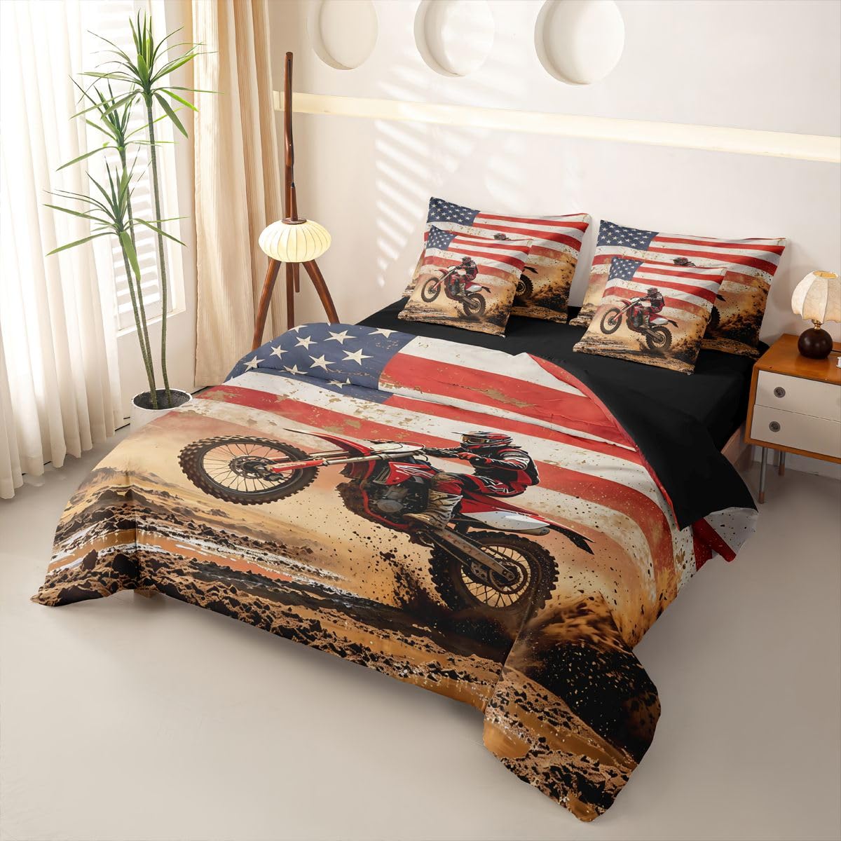 Loussiesd Set di biancheria da letto con copripiumino per letto singolo, motivo motocross, 7 pezzi, per bambini, ragazzi, ragazze, motocross, con copripiumino, lenzuola, federe, federe