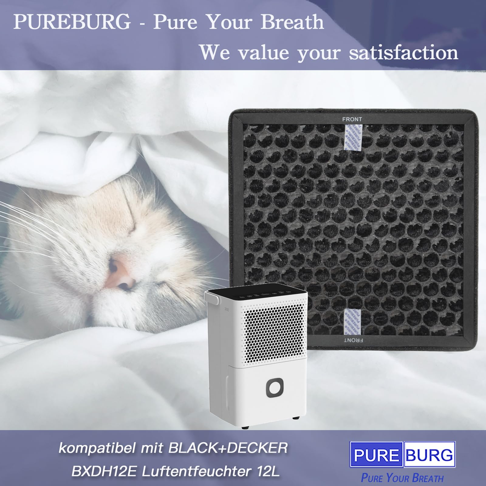 PUREBURG Lot de 2 filtres de rechange compatibles avec les déshumidificateurs BLACK+DECKER BXDH12E 12 l, filtre à charbon actif COV, purificateur d'odeurs