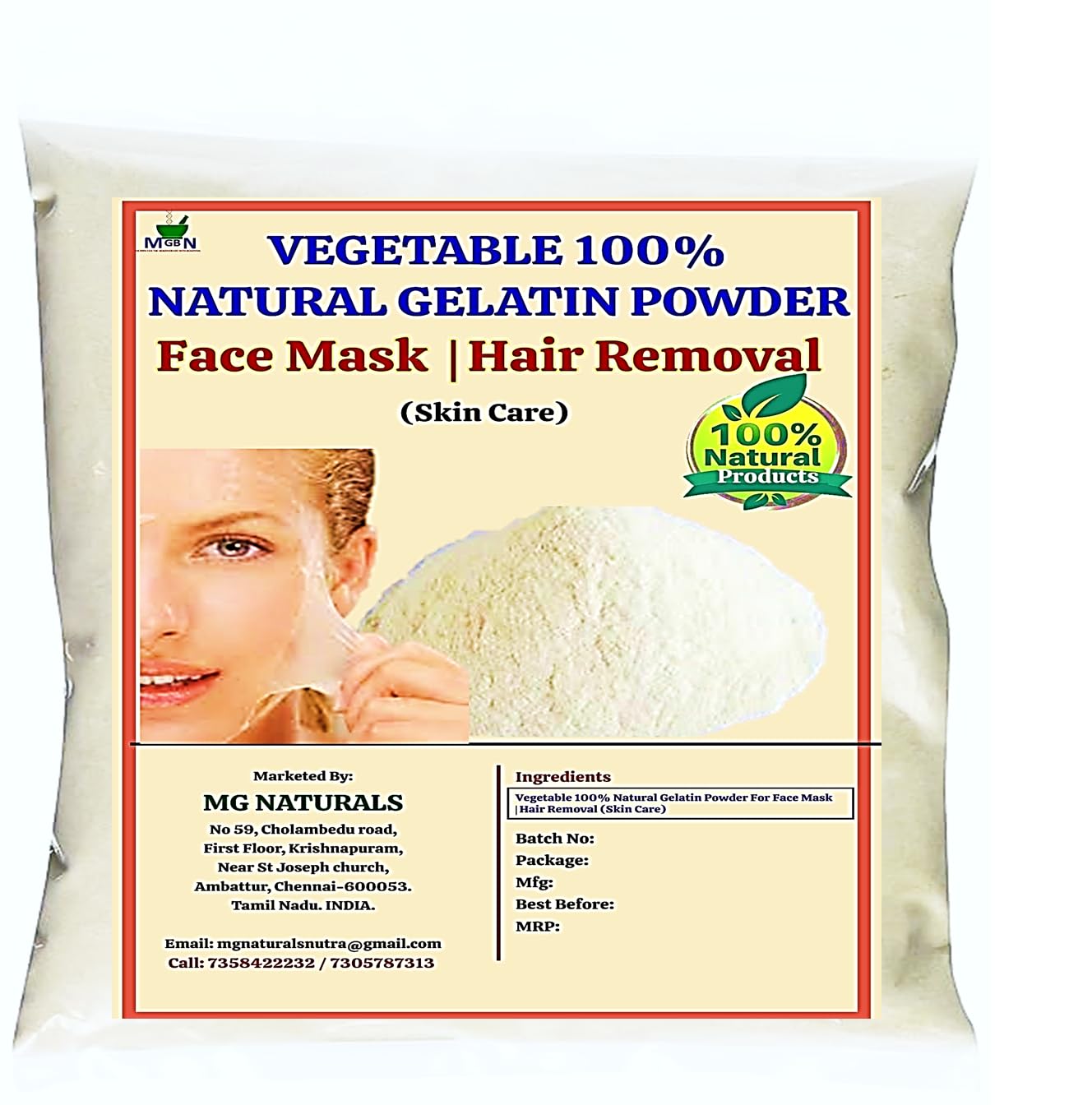 MGBN Vegetable Gelatin Powder – 25g | 100% Natural Skin Care Powder for DIY Face Masks, Hair Removal, Blackhead Removal & Glowing Skin With 1 Cotton Face Mask & 1 Cotton Face Towel