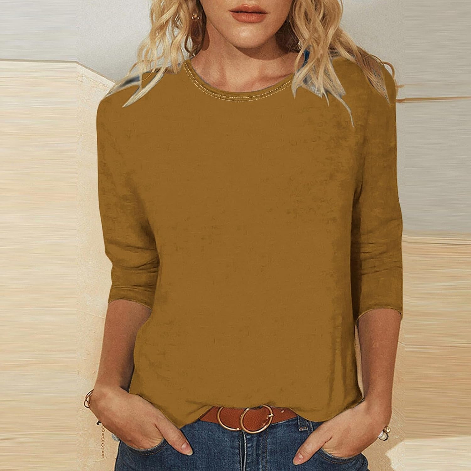 Casual 3/4 Length Sleeve Womens Tops Round Neck Cute Tunic Tops Basic Tees Blouses Loose Fit Pullover Dressy Tops